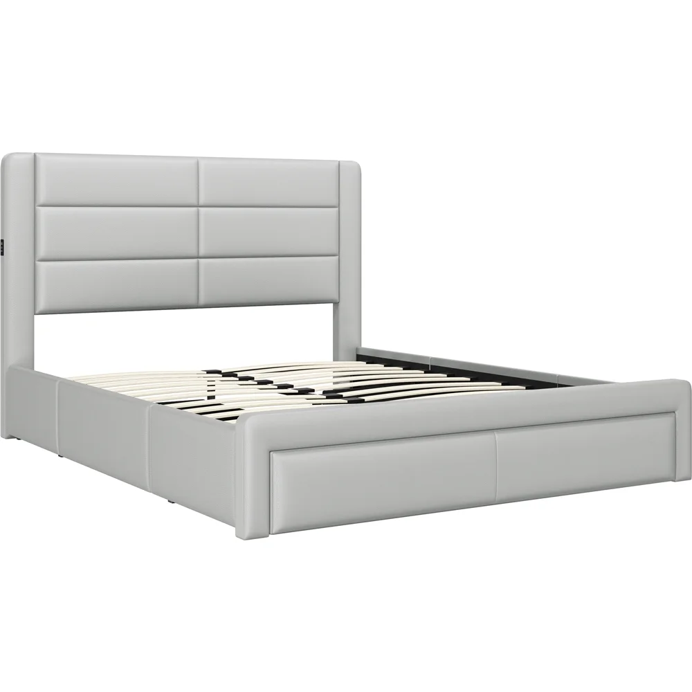 Yaheetech Upholstered Bed with 3 Storage Drawers,Full,Light Gray