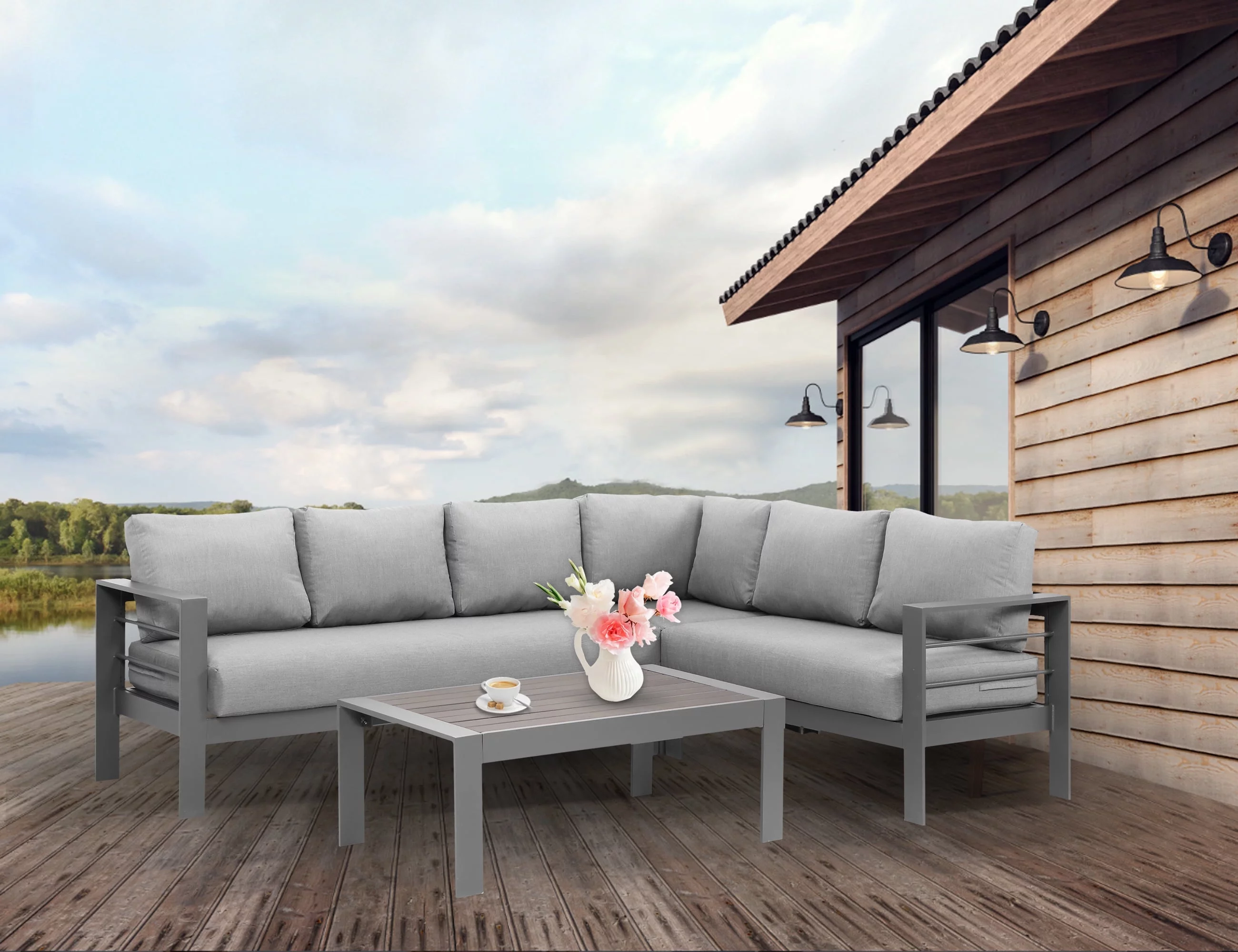 CozyHom 6-Seat Outdoor Patio Aluminum Sofa Furniture Sets Outdoor Metal Sectional Conversation Sofa Set with Table and Cushions, Gray