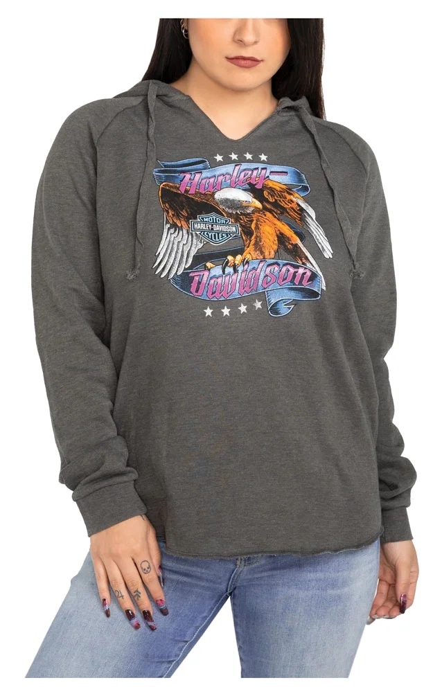 Harley-Davidson Women's Banner Eagle Tri-Blend Pullover Hoodie- Shadow Gray (XS), Harley Davidson