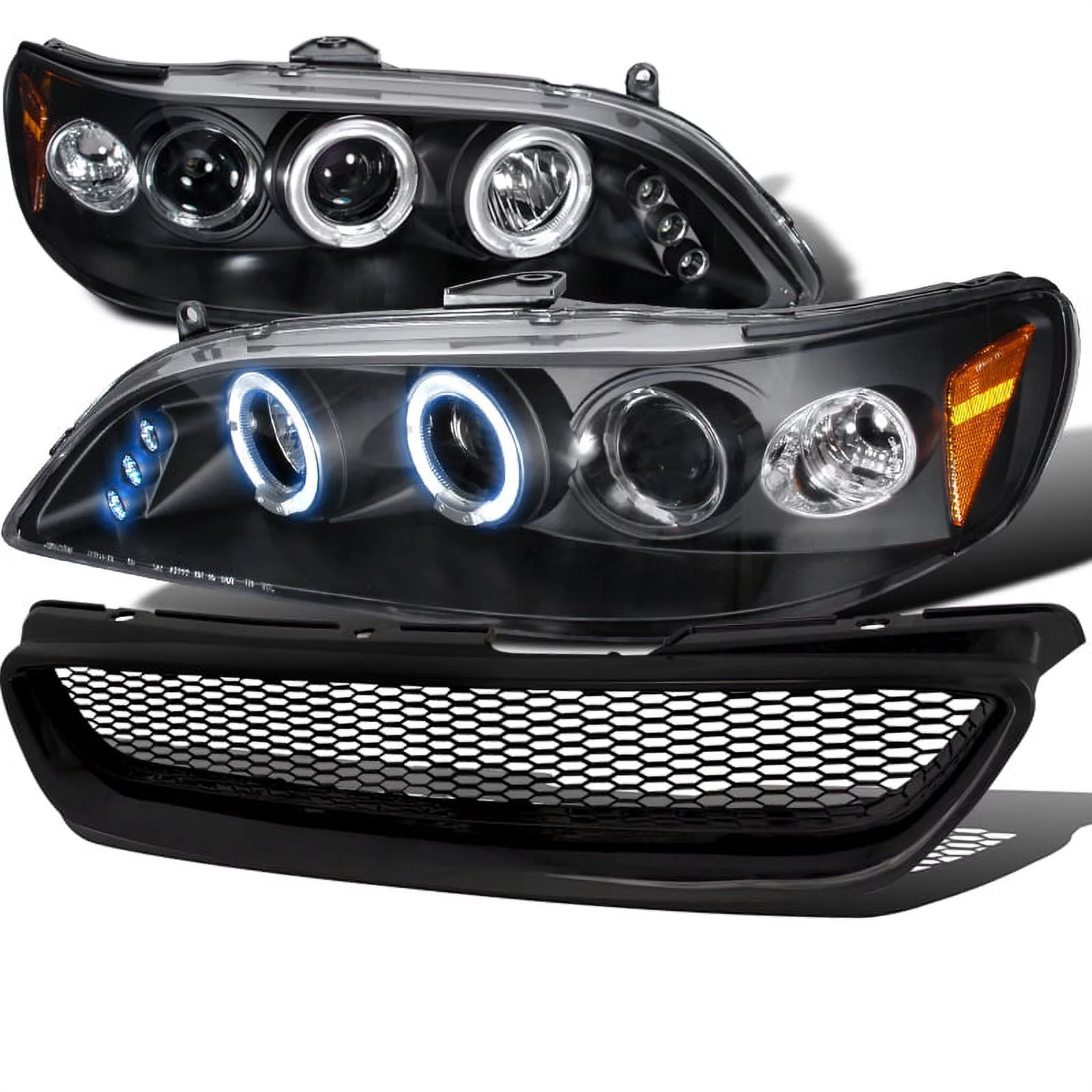 Spec-D Tuning Black Halo LED Projector Headlights + Mesh Grille Compatible with Honda Accord 2Dr Left + Right Pair Headlamps Assembly