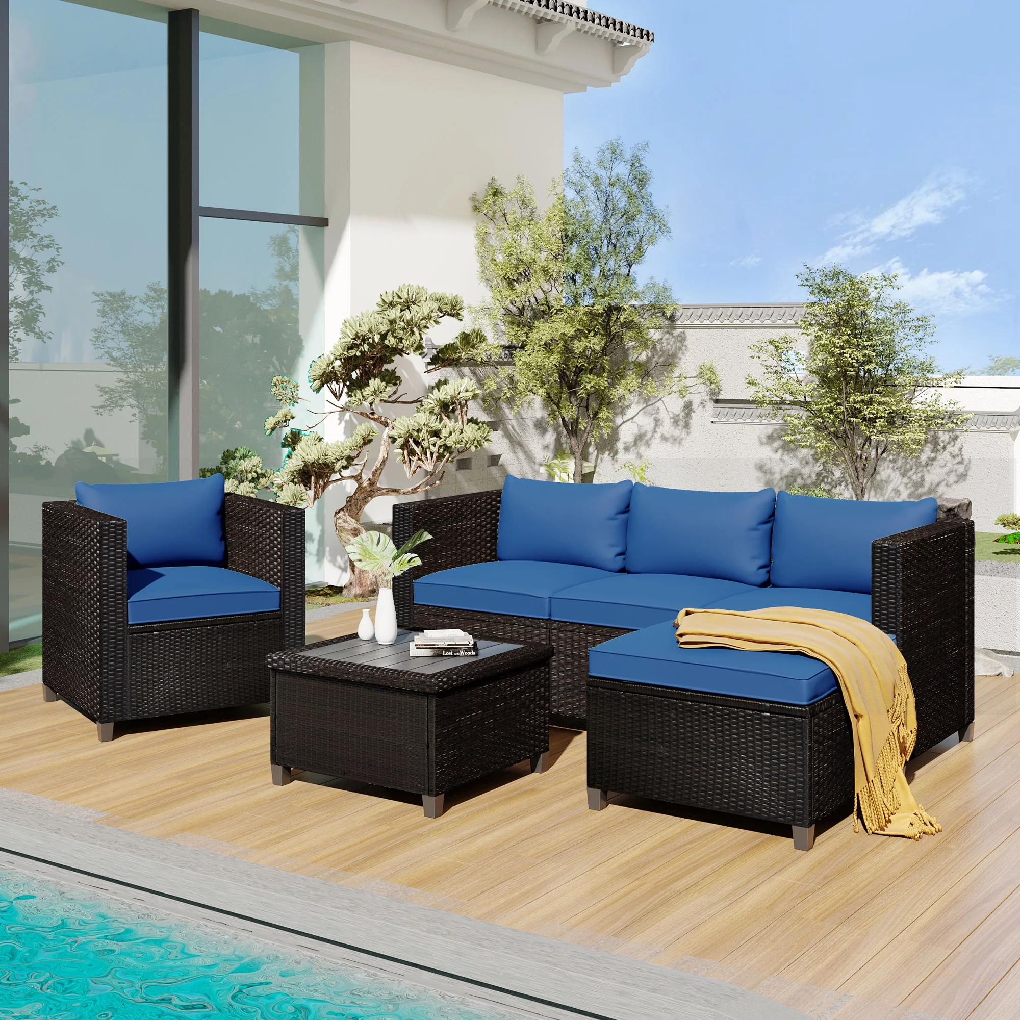 Outdoor Patio Furniture Sets, BTMWAY All-Weather PE Wicker 5 Pieces Patio Conversation Sets, Modern Outdoor Patio Sectional Sofa Sets with 3 Seat Sofa, Coffee Table, Ottoman, Blue Cushion