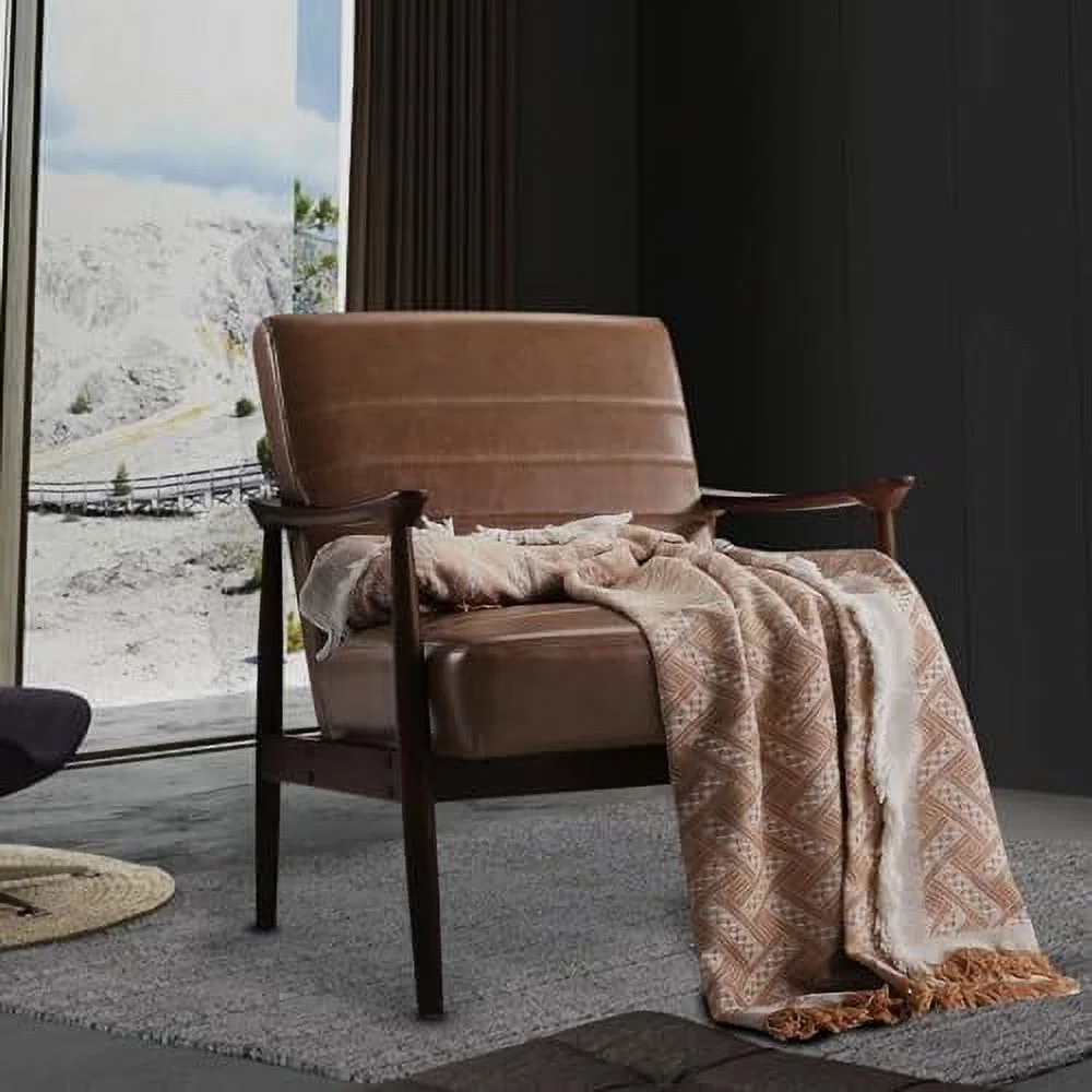 MQLIFEBOOM Mid-Century Modern Wood Frame Armchair PU Leather Accent Chair with Solid Wood Legs Upholstered Comfy Retro Leisure Chair Reading Chair for Living Room (Brown)