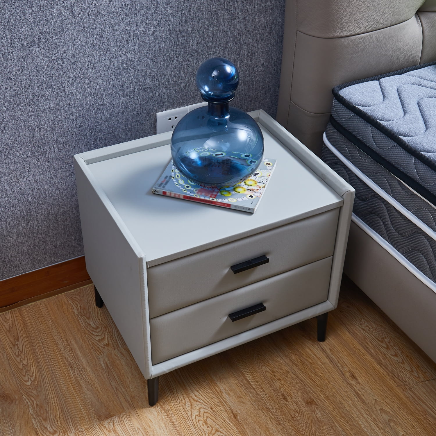 Modern Grey Nightstand with 2 Drawers  Stylish PU Leather Night Stand  Sleek Hardware Legs  End Table for Bedroom or Living Room - Elegant Bedside Cabinet