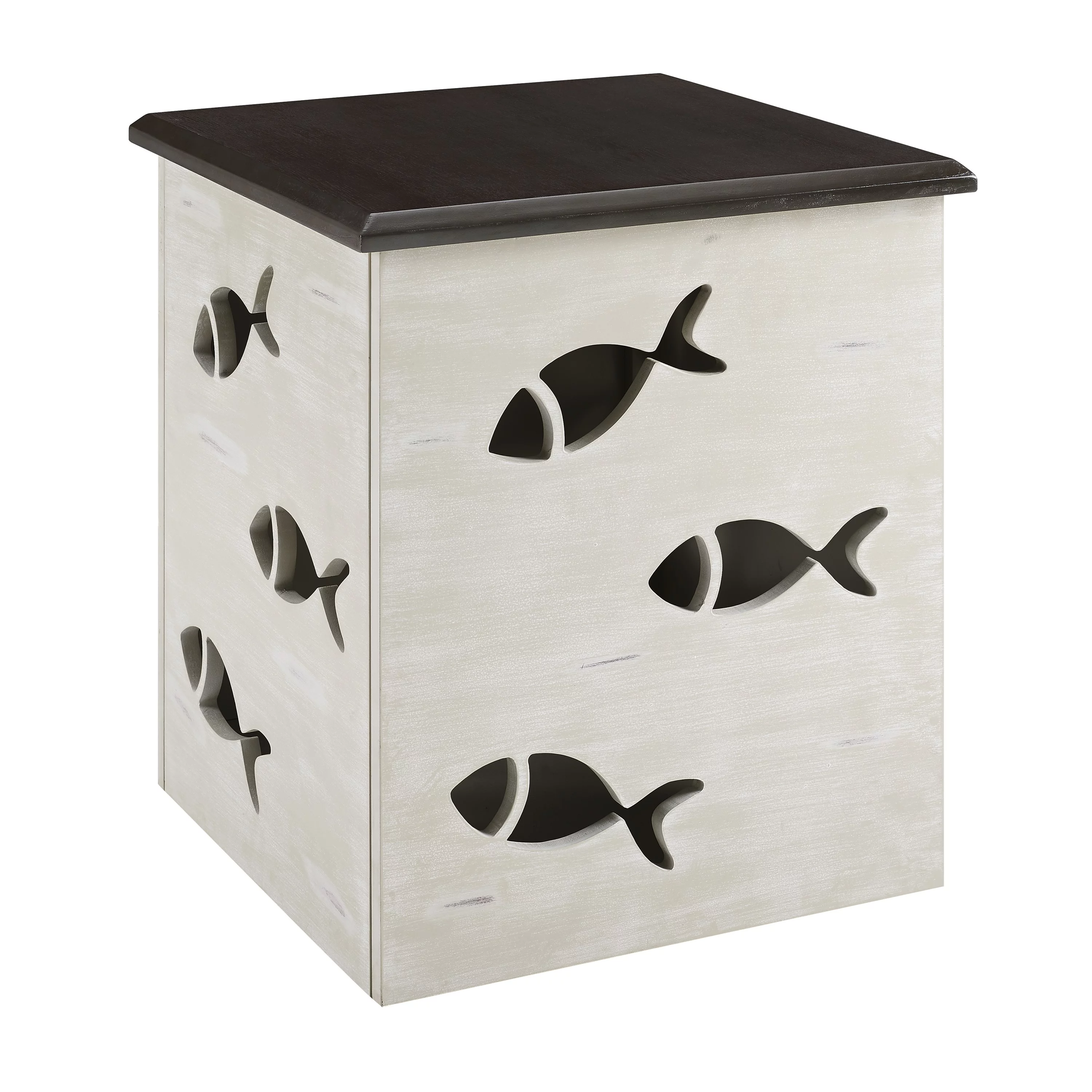 Creekview Coastal Square Metal Accent Side Table with Cutout Fish, Gray Top and Cream Base