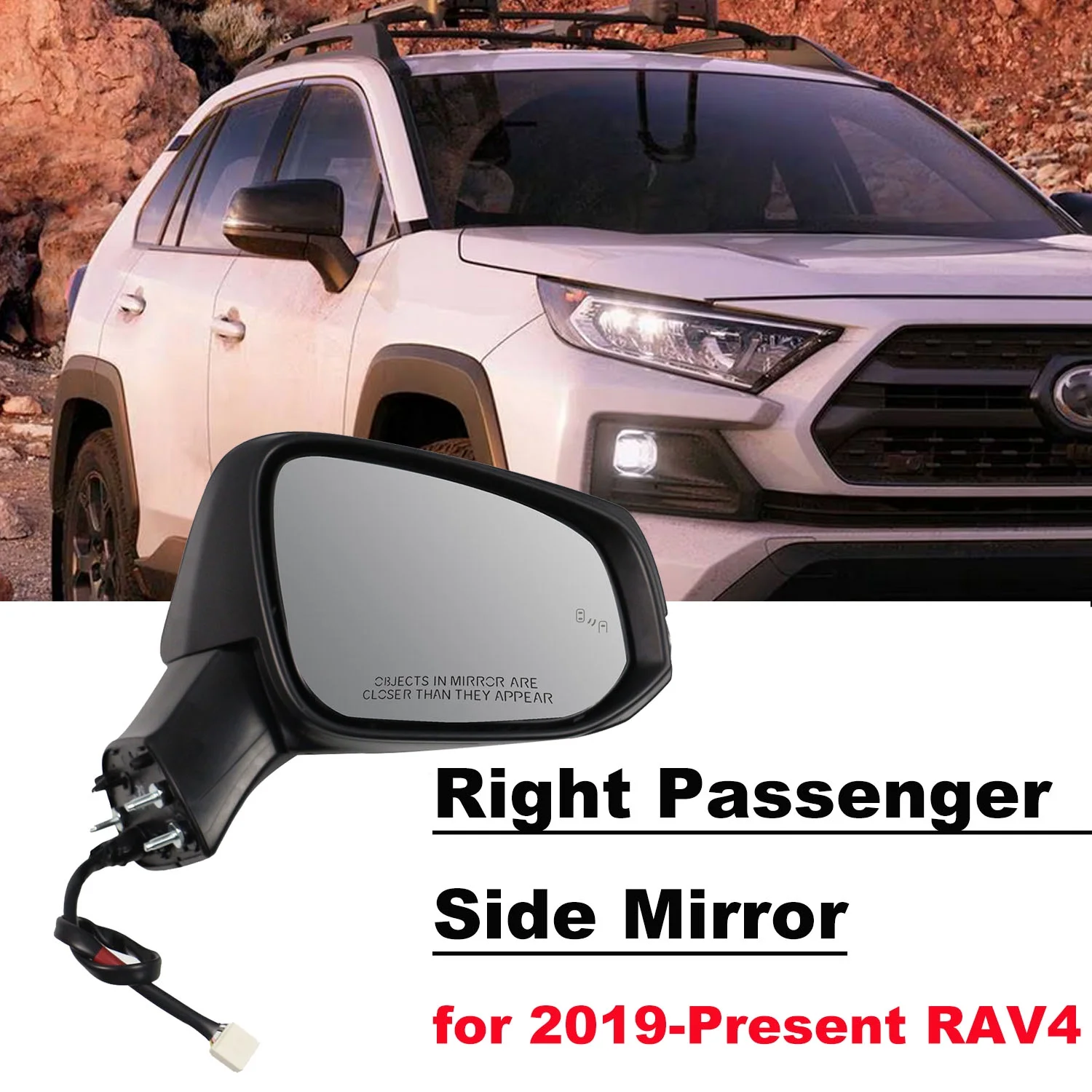 Right Passenger Side Mirror for 2019-2024 Toyota Rav4 Power Heated Lamp BSM Door Mirror for 2019 2020 2021 2022 2023 2024 Toyota Rav4 SUV Accessory, Black