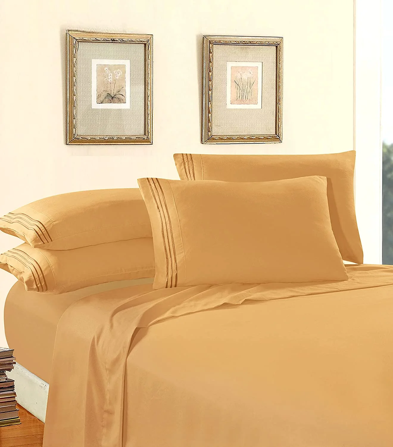 Elegant Comfort Luxury Soft 1500 Premier 4-Piece Premium Hotel Quality Wrinkle Resistant Coziest Bedding Set, All Around Elastic Fitted Sheet, Deep Pocket up to 16inch, Queen, Camel/Gold Queen Camel-gold