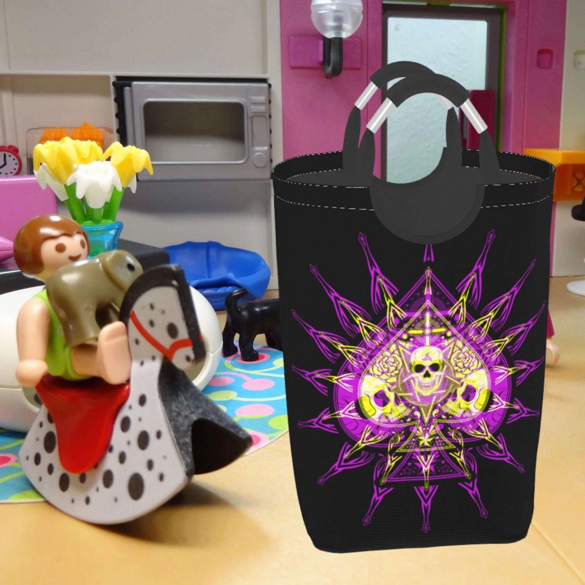 TEQUAN 50L Large Rectangular Laundry Hamper with Aluminum Handles, Spades Poker Death Skeleton Purple Prints Waterproof Foldable Dirty Clothes Basket