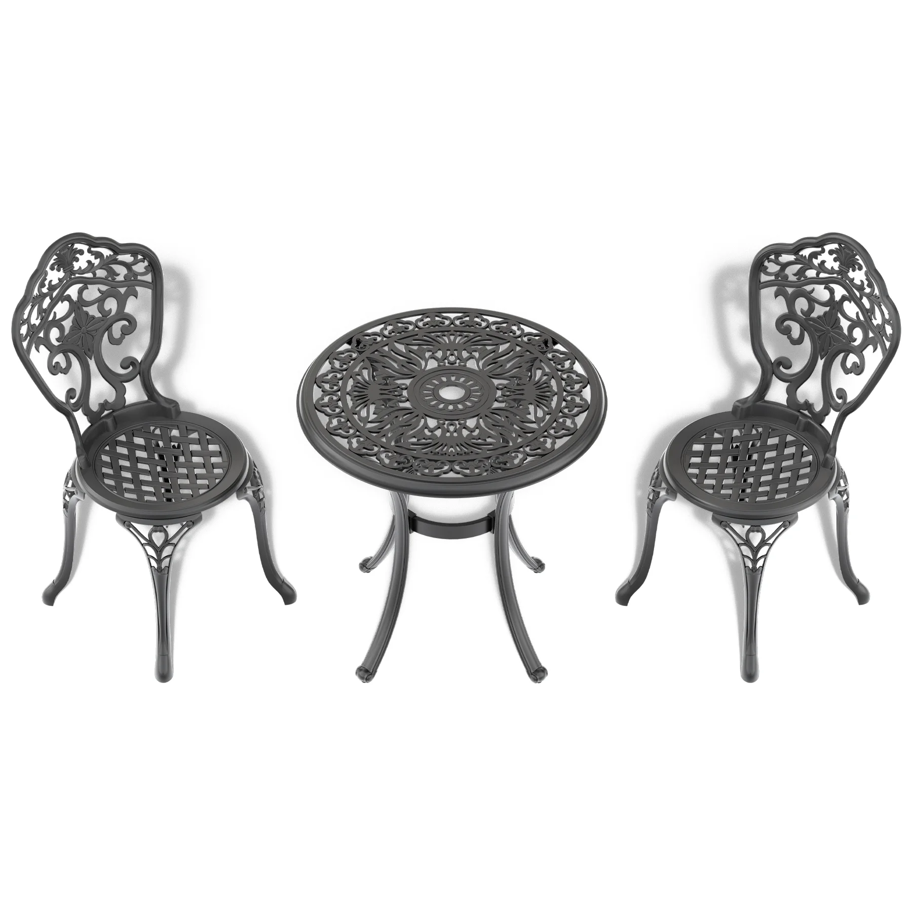 3-Piece Cast Aluminum Patio Bistro Furniture Set, Patio Bistro Set with Umbrella Hole