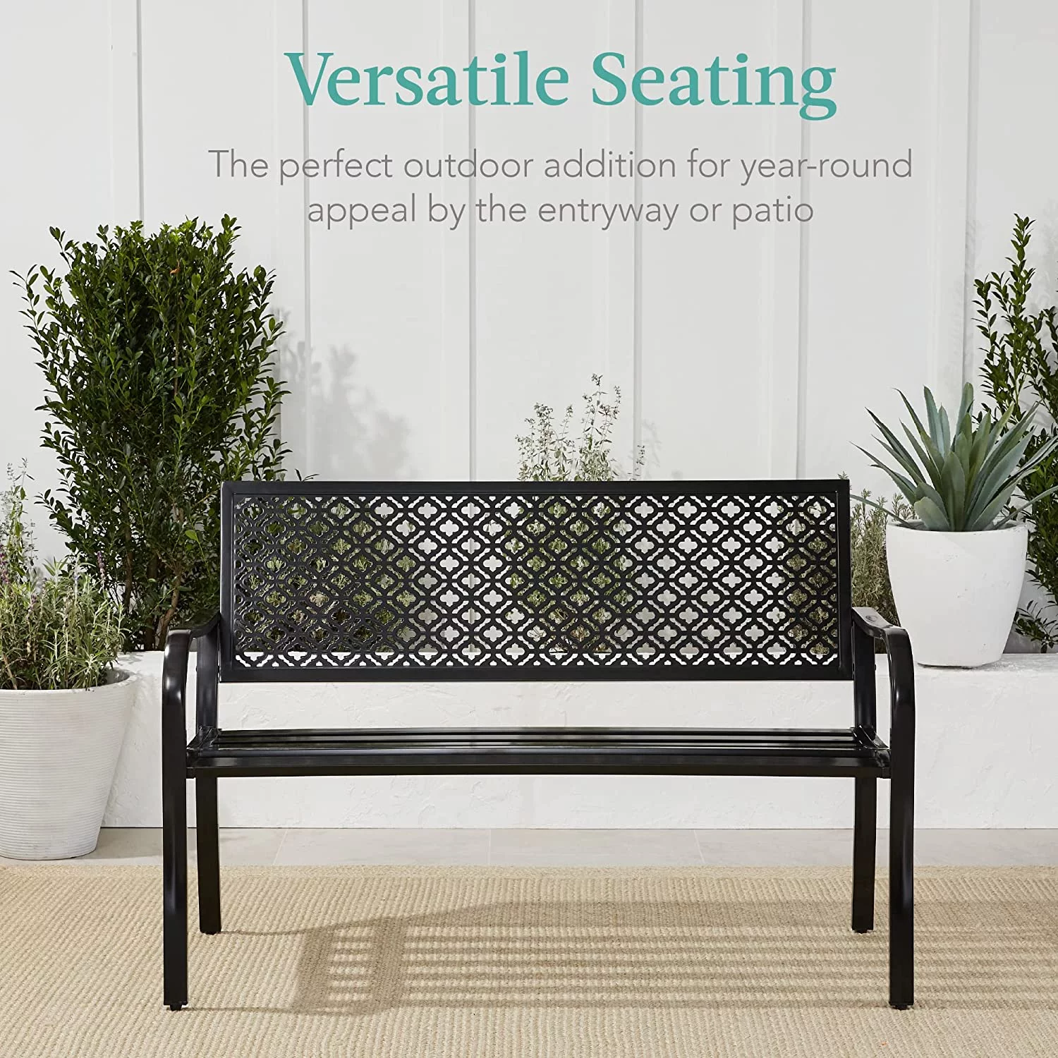 Outdoor Bench 2-Person Metal Steel Benches Furniture for Garden, Patio, Porch, Entryway w/Geometric Backrest, 790lb Capacity – Black