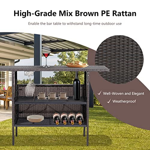 S AFSTAR Patio Rattan Bar Table, Outdoor Rattan Wicker Bar Counter Table with 2-Tier Metal Shelf & Steel Stemware Rack, Heavy-Duty Steel Frame, Waterproof Brown Rattan Table for Poolside, Backyard