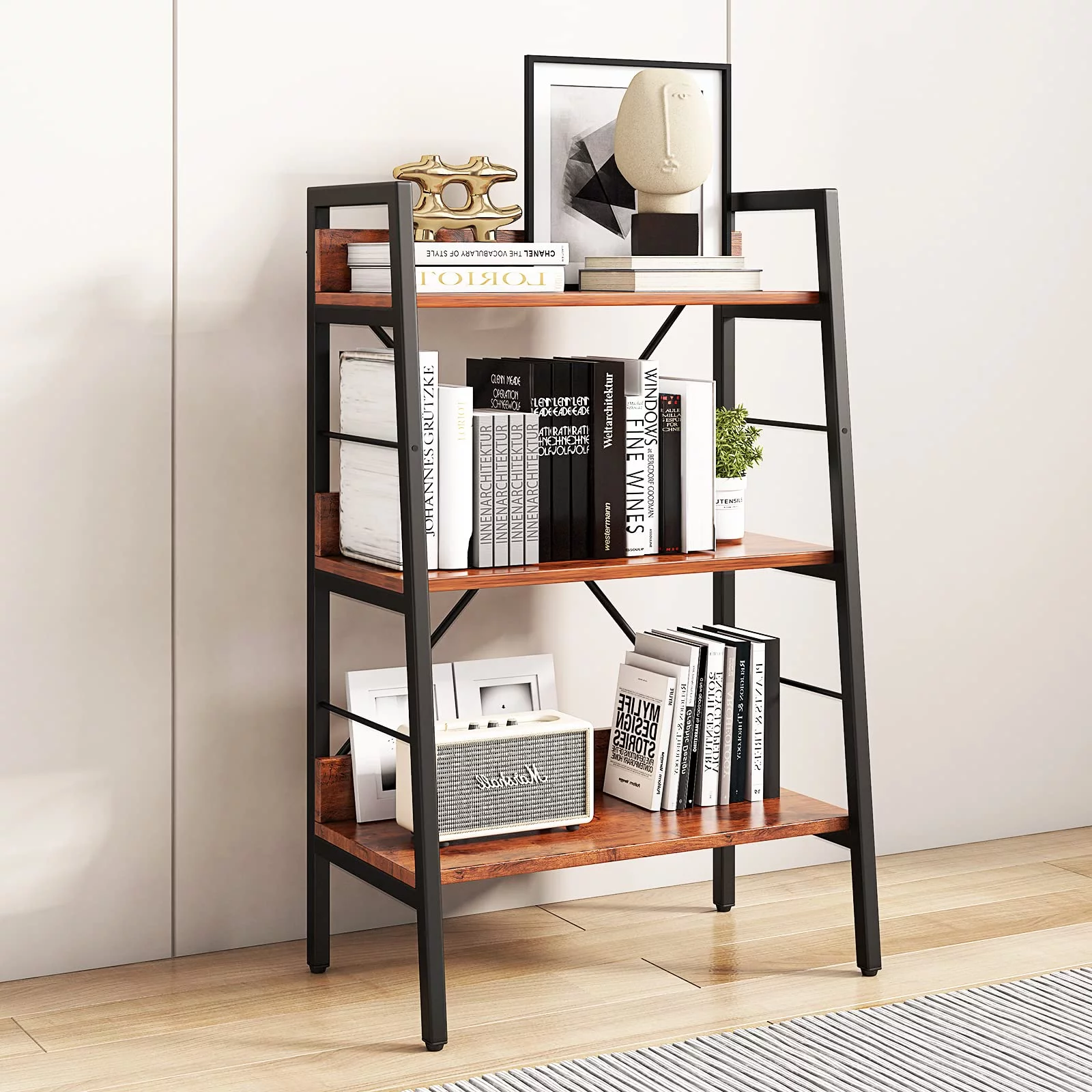 3 Tier Industrial Ladder Shelf Bookcase, Metal and Wooden Ladder Bookshelf with Back Panel, Rustic Ladder Shelves for Living Room, Home Office, Small Space, Rustic Brown