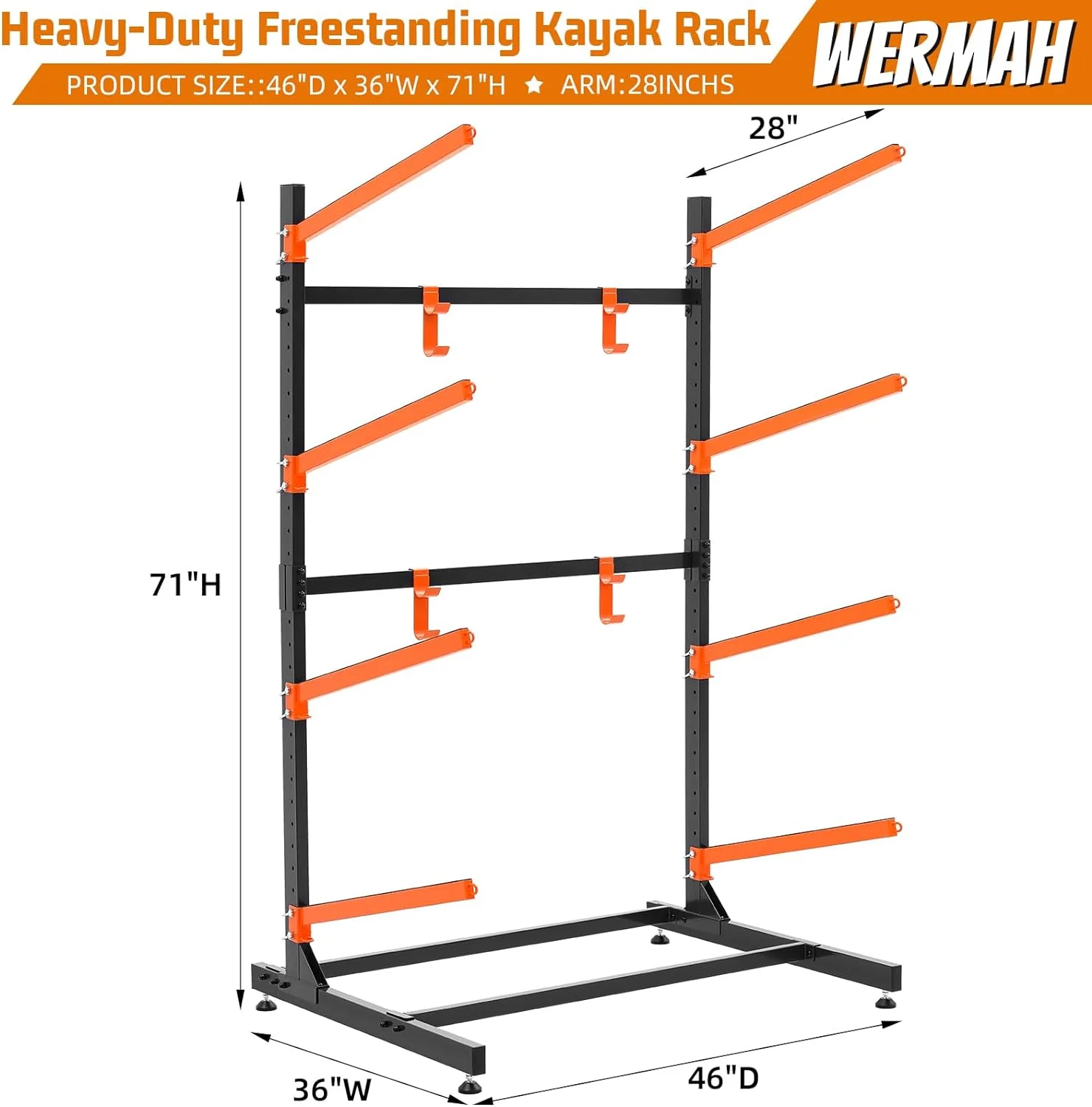 UOKRR Kayak Storage Rack Freestanding Heavy Duty Adjustable Weatherproof  Indoor Outdoor for Kayaks, Canoes, SUP and Surfboards 4 Levels With Hook