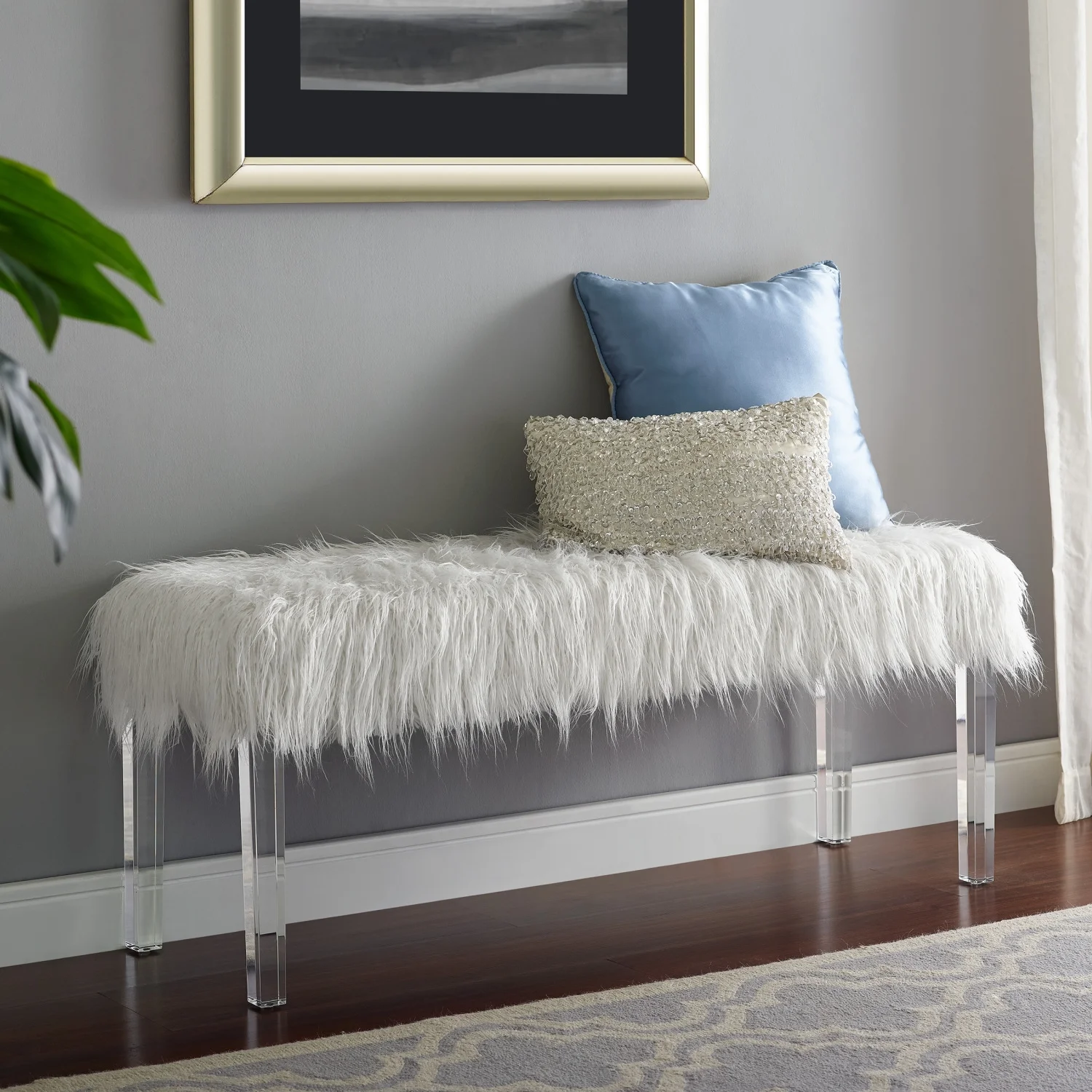 Gorgeous White Glam Accent Bench with Luxurious Faux Fur Seat and Chic Transparent Legs - Perfect Addition to Any Home Decoration