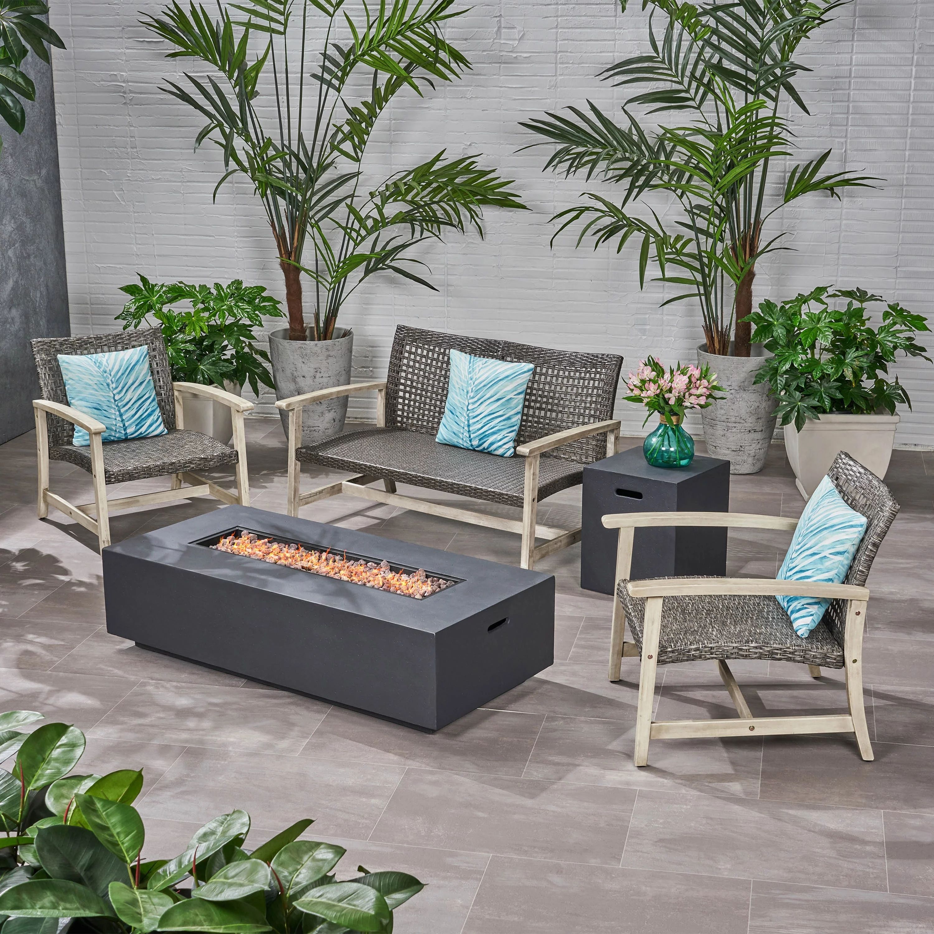 Christopher Knight Home Augusta Outdoor Acacia Wood and Wicker 4 Seater Chat Set with Fire Pit by  Dark Grey/Light Grey/Mixed Black