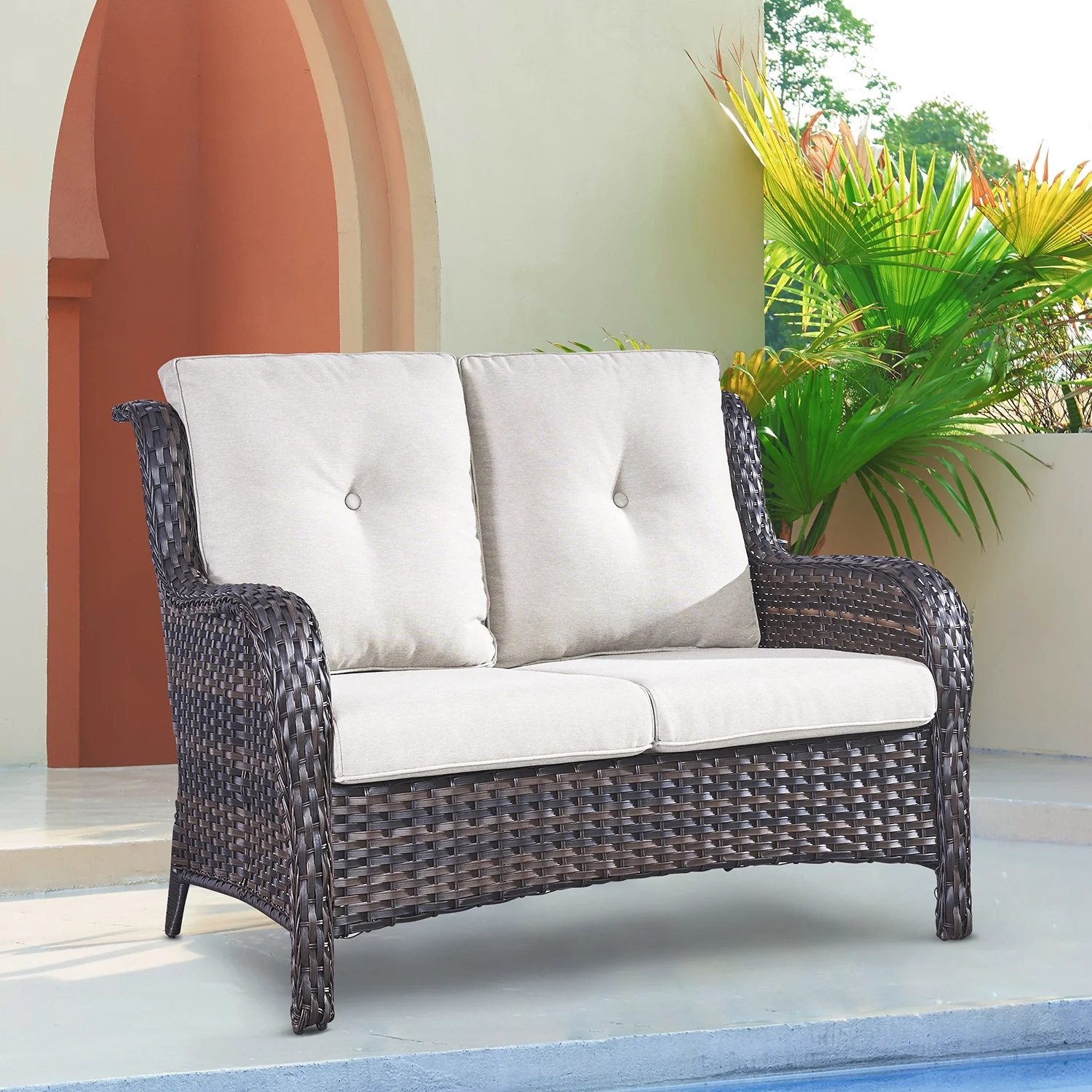 PARKWELL Patio Rattan Seat Sofa Cushioned Loveseat,Outdoor Wicker Furniture,Beige