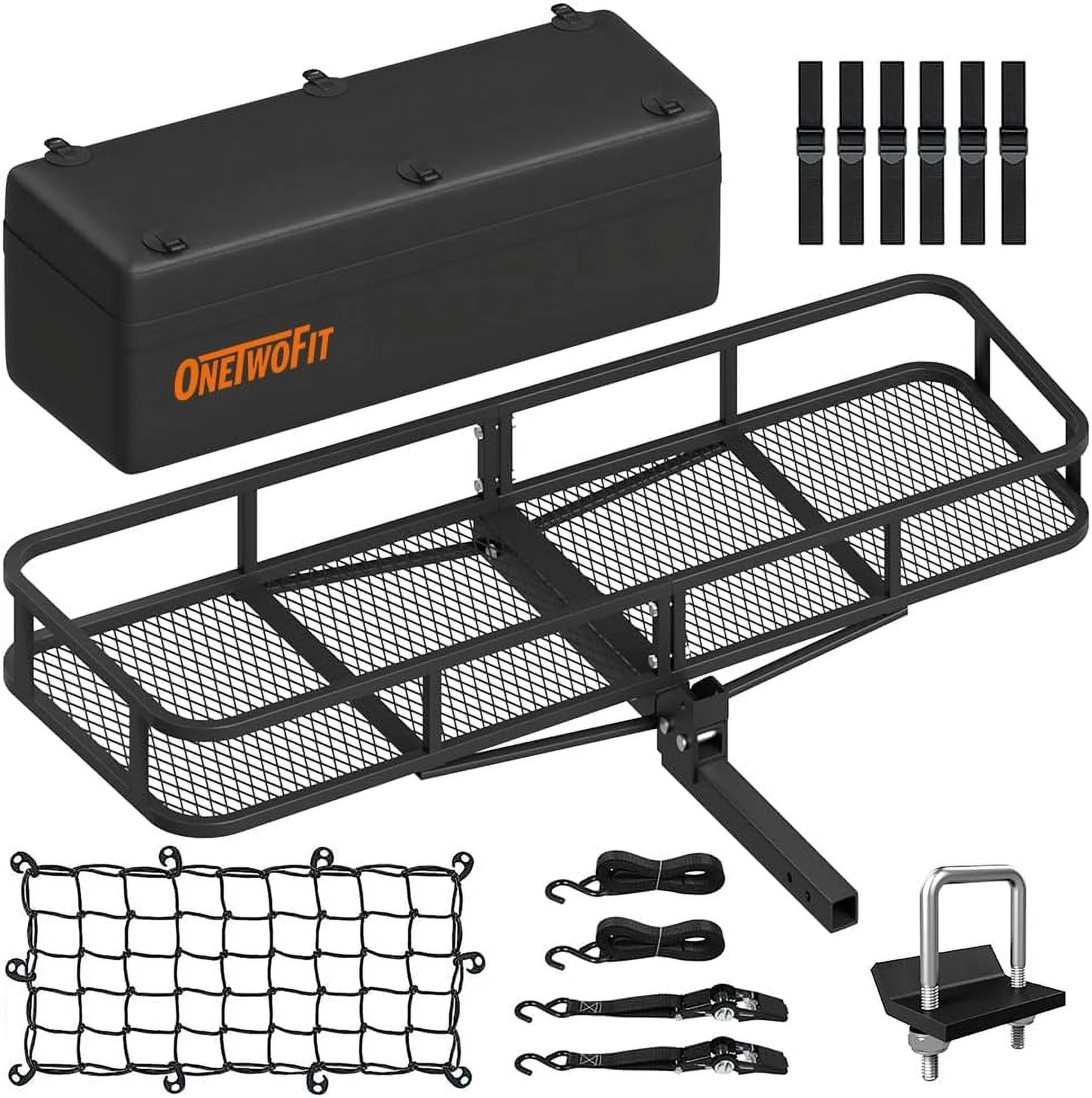 YANPO Hitch Mount Cargo Carrier, 60x20x6 Folding Hitch Rack, 500 Lbs Steel Trailer Hitch Cargo Carrier, Tow Hitch Cargo Basket with Waterproof Bag, Hitch Stabilizer, Ratchet Straps, Net