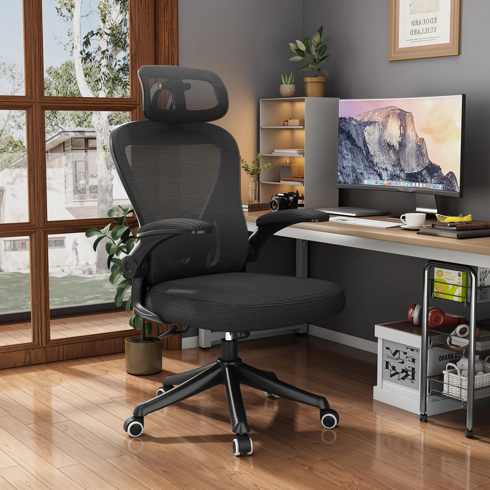Genpo Ergonomic Mesh Office Chair, High Back Computer Desk Chair with Adjustable Lumbar Support, Black Swivel Task Chair with Headrest