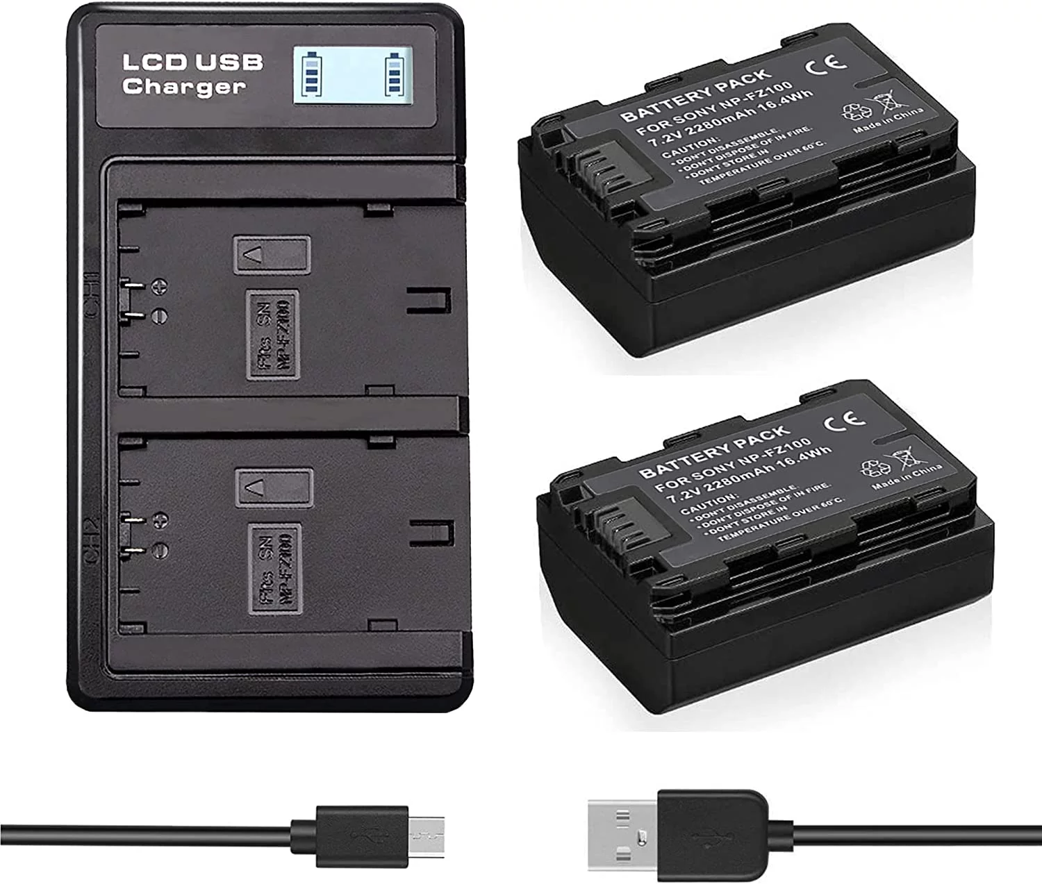 NATNO 2 Pack 2280mAh NP-FZ100 Battery Kit with LCD Display USB Charger Replacement for Sony A7M3K BC-QZ1, Alpha A1 A7III A7IV A7RIII A7RIV A7C A7SIII A9 A9II A9R A9S Camera, Cinema Line ILME-FX3
