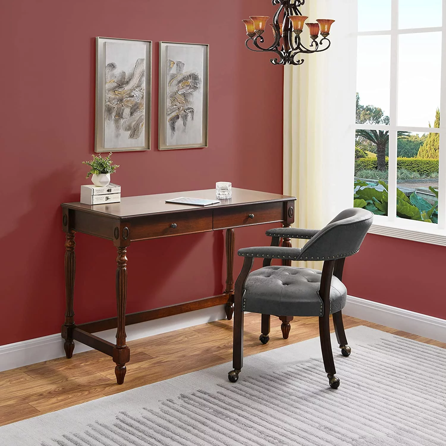 Big Dining Roller Chair with Arms, Solid Wood Office Table Side Chairs with Wheels, Boss Captains Rolling Chair, 26“Dx25.2 Wx31.5“H, Espresso&Grey Fabric, 318GY