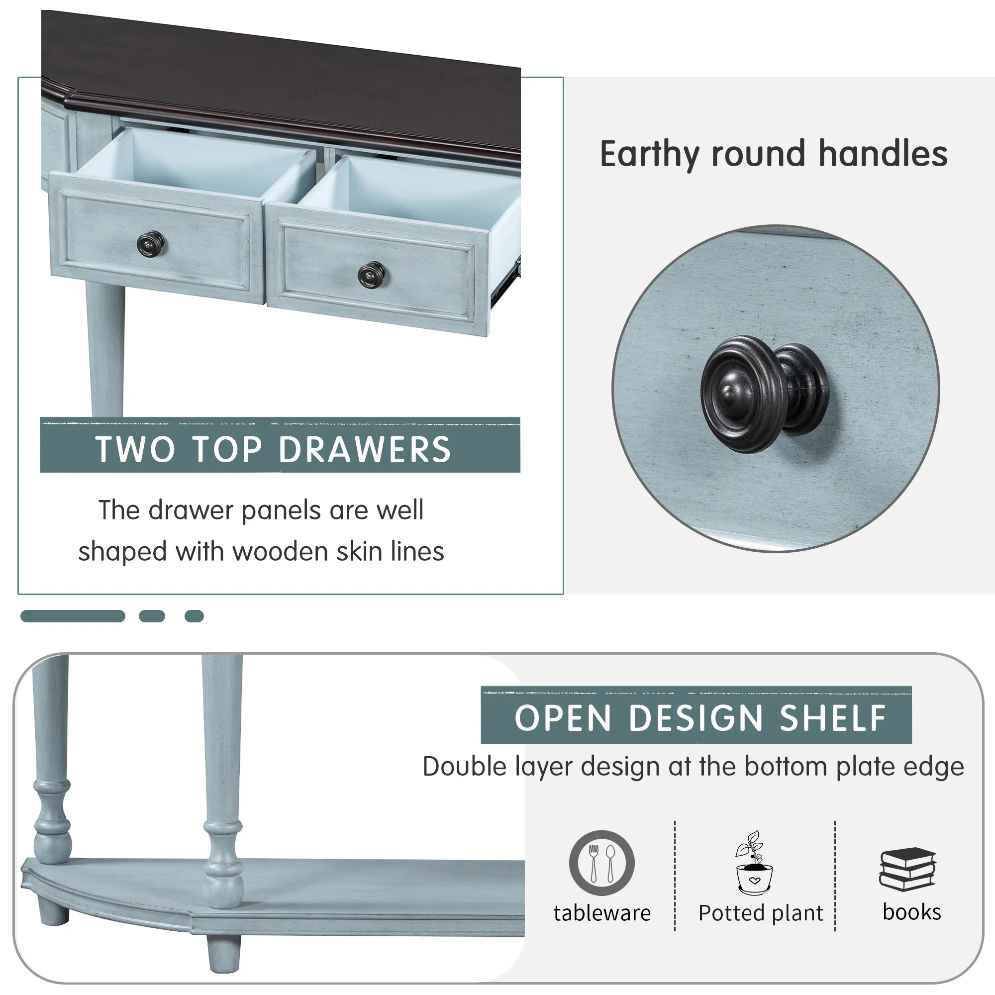 Retro Circular Curved Design Console Table with Open Style Shelf Solid Wooden Frame and Legs Two Top Drawers (Cherry + Antique Blue, OLD SKU: WF298768AAC)