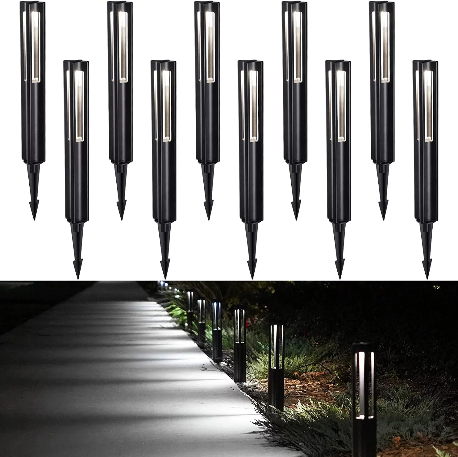 RUO LED Low Voltage Landscape Lighting, Modern 12V Outoor Landscape Lights, 3W Pathway Lights Low Voltage, Aluminum, IP65, Path, Walkway, 50,000 Hrs, 3000K Warm White, 172lm, Black, Pack of 10