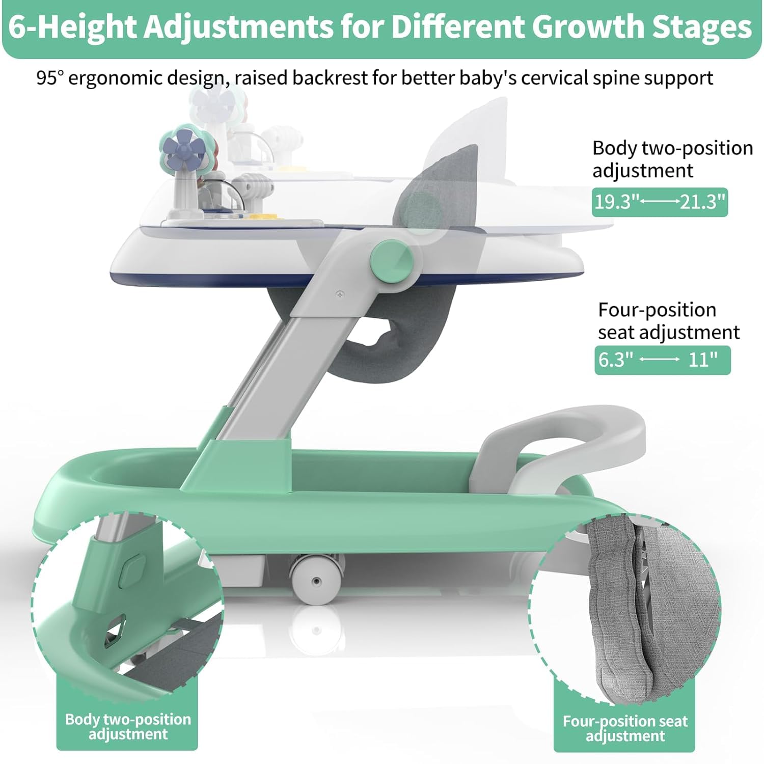 Foldable Baby Walker, Toddler Walker Bouncer, Learning-Seated, Music, Adjustable Height, High Back Padded Seat, Baby Walkers and Activity Center, Baby Walkers for Baby Boys and Baby Girls (Green)