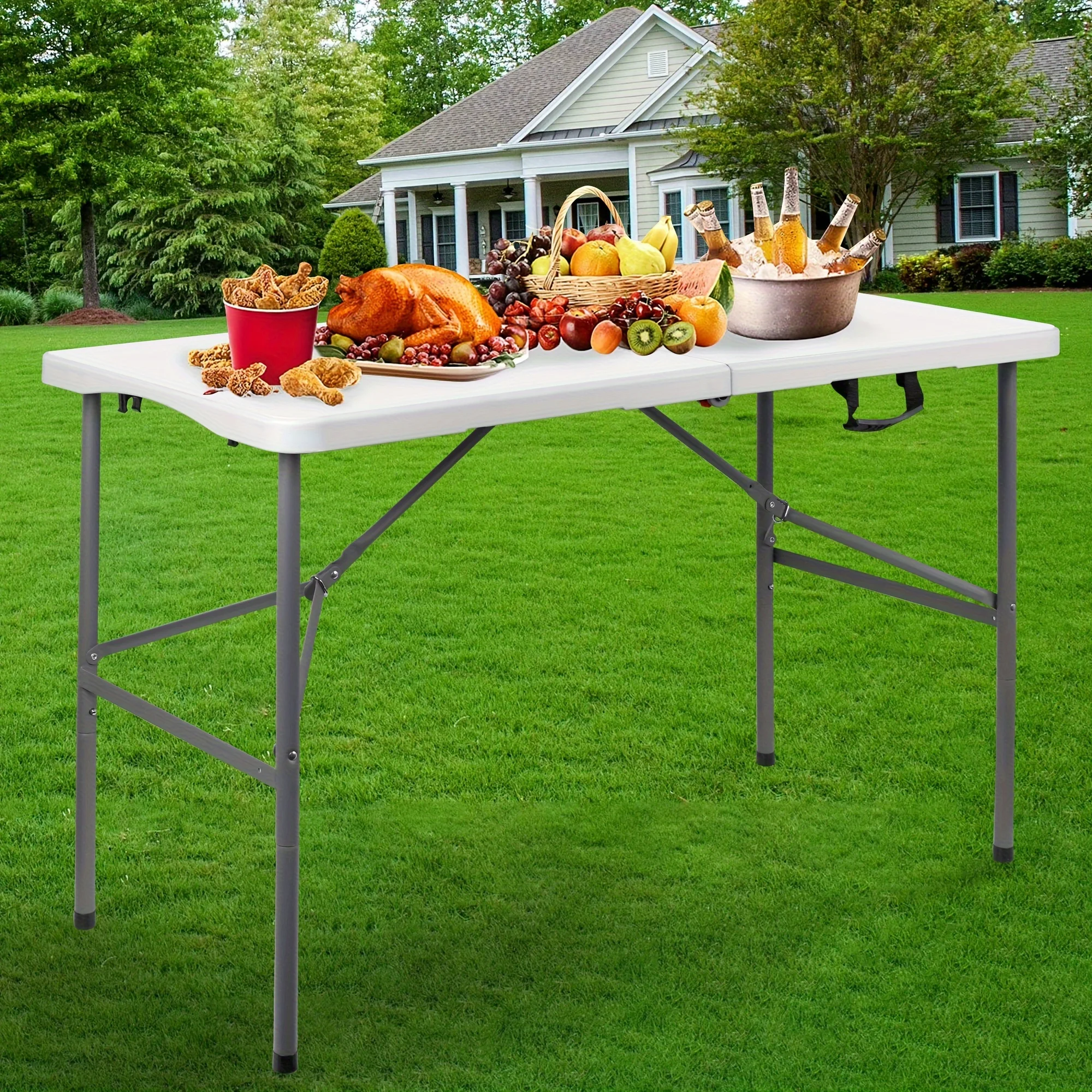 Portable Folding Table 4FT, Plastic Foldable Table with Carrying Handle, Outdoor Picnic Table Party Table for Camping, Wedding, Kitchen, Beach - White