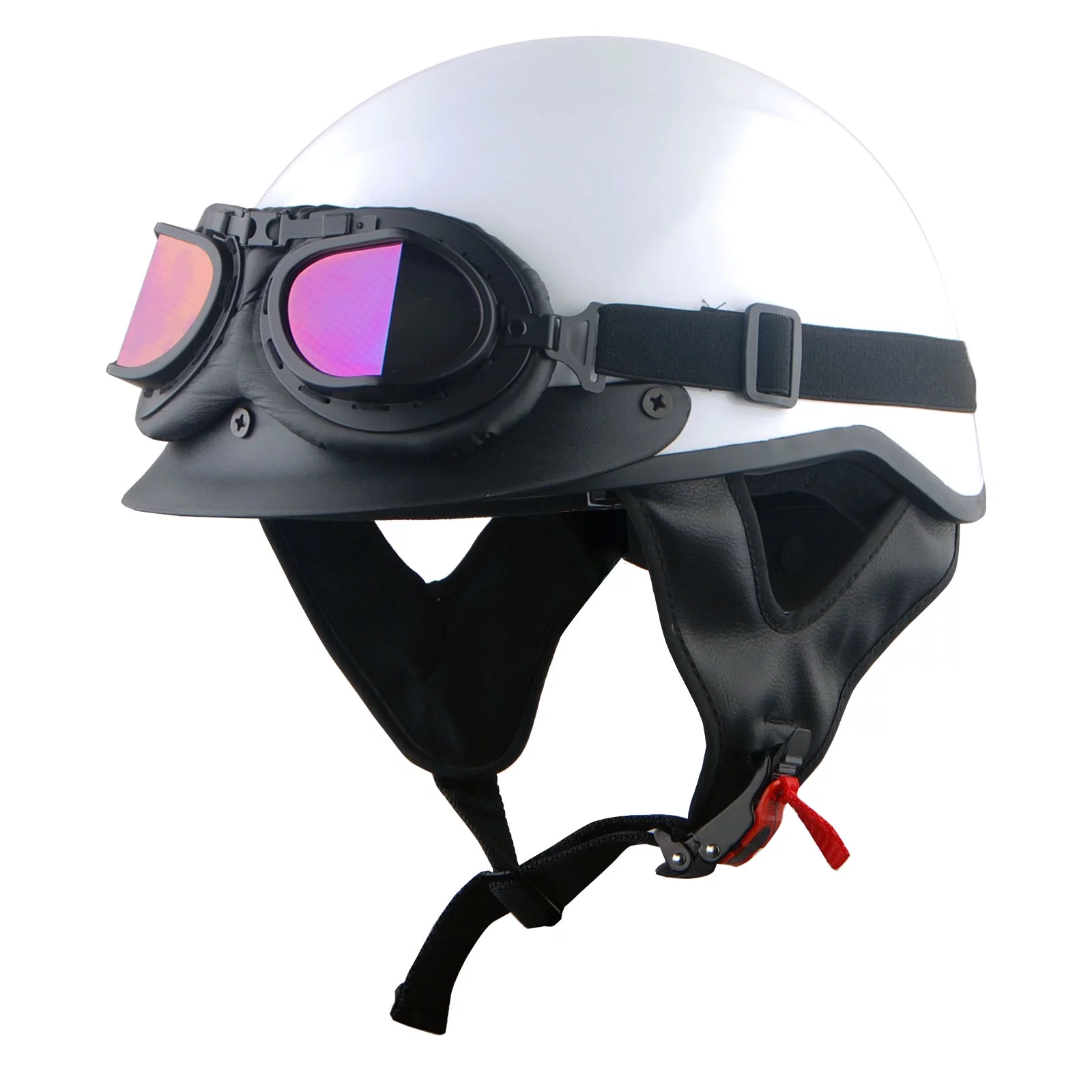1Storm Motorcycle Half Face Helmet HKY205V Mopeds Scooter Pilot with retractable Inner Smoked Visor, Glossy White + T008 Black Tinted Goggle Bundle