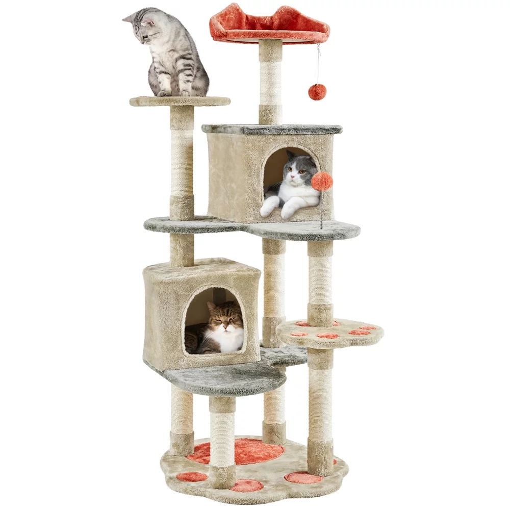 Yaheetech 57.5'' H Cat Tree Paw-Shaped Play Tower with Platform, Condo, Scratching Posts,Beige