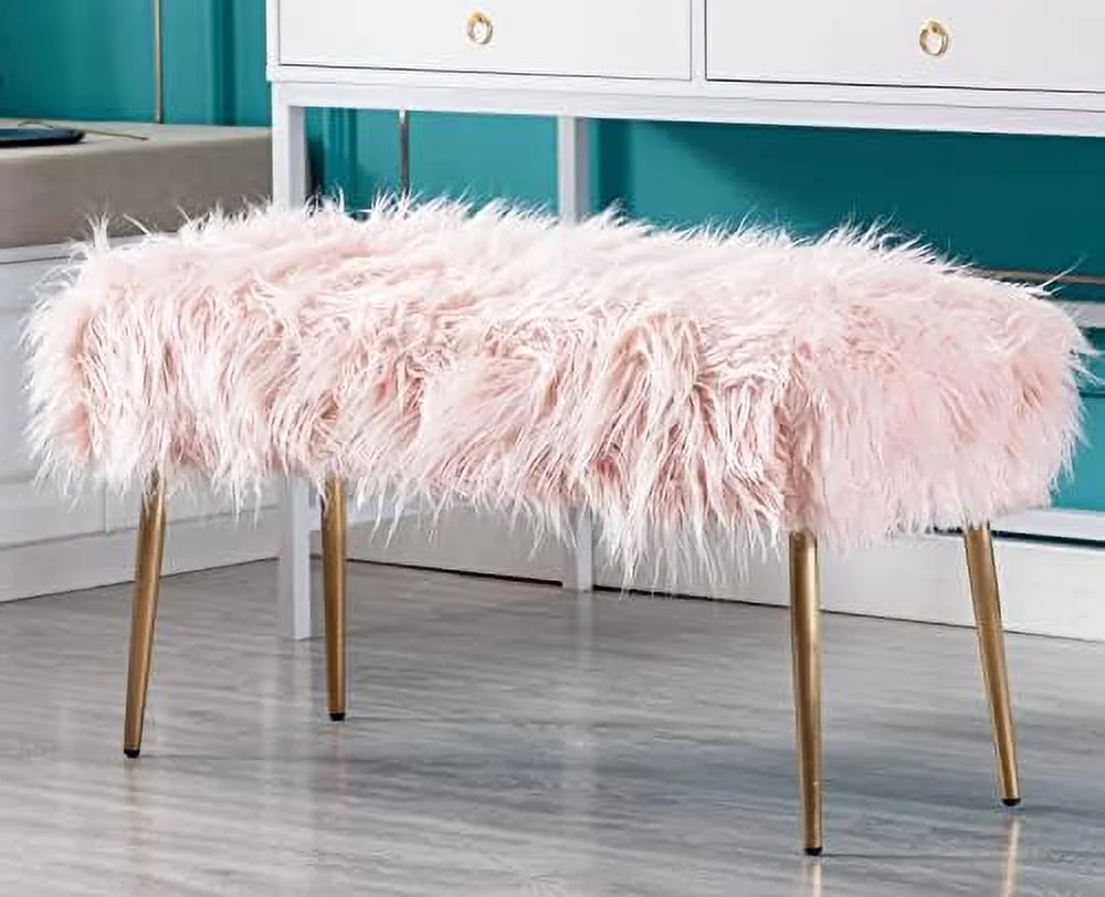 GVJMTKP Modern Fuzzy Entryway Bench Ottoman  White Faux Fur Shaggy Dog Bench 35\u201D Bedroom Bed Bench Ottoman with with with Gold Legs for Bedroom/Living Room/Entryway (Pink)