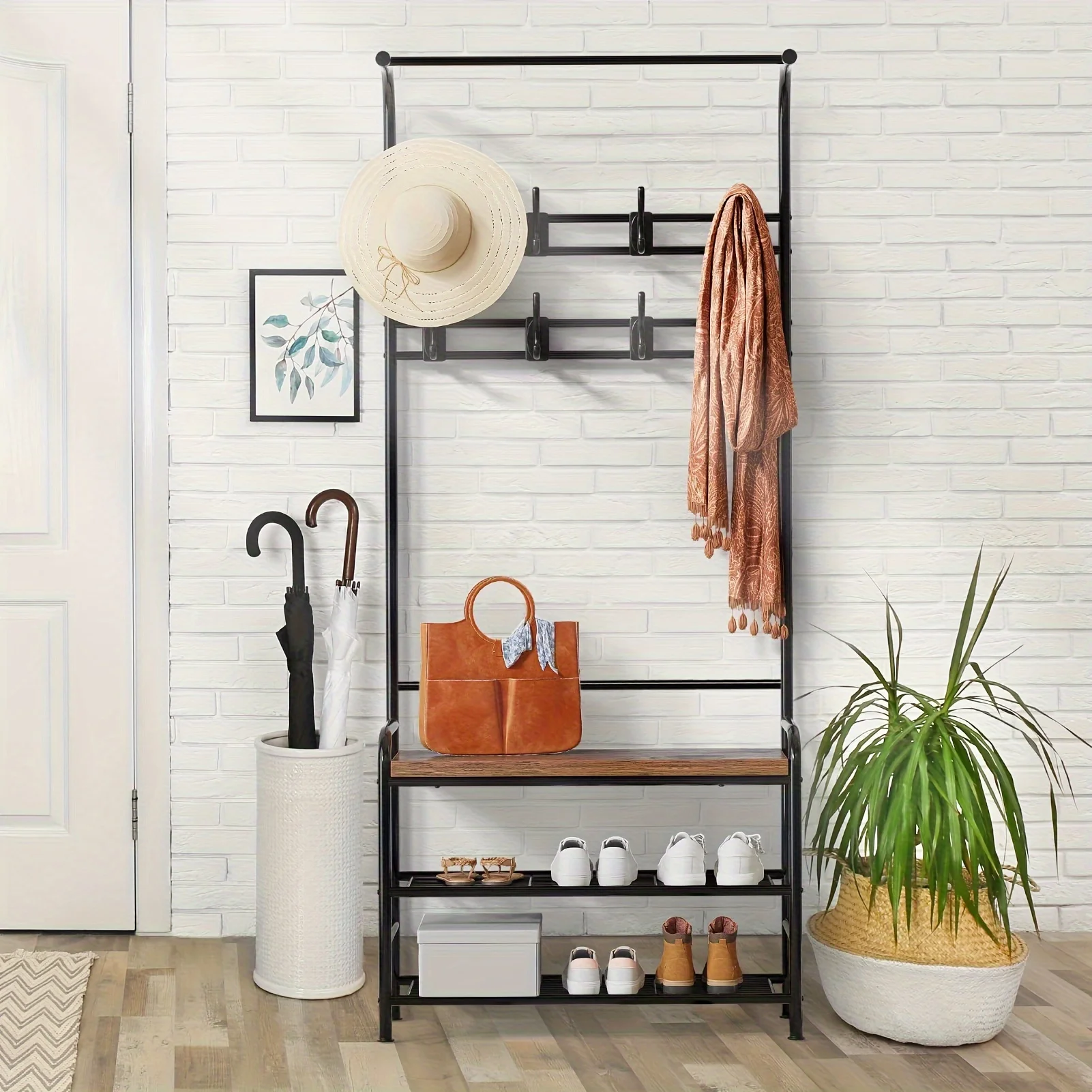 Coat Rack Shoe Bench, 3-in-1 Hall Tree Shoe Rack for Entryway, 3-Tier Storage Shelf and 8 Large Hooks Removable, Industrial Accent Furniture with Steel Frame, Multifunctional Hallway Organizer