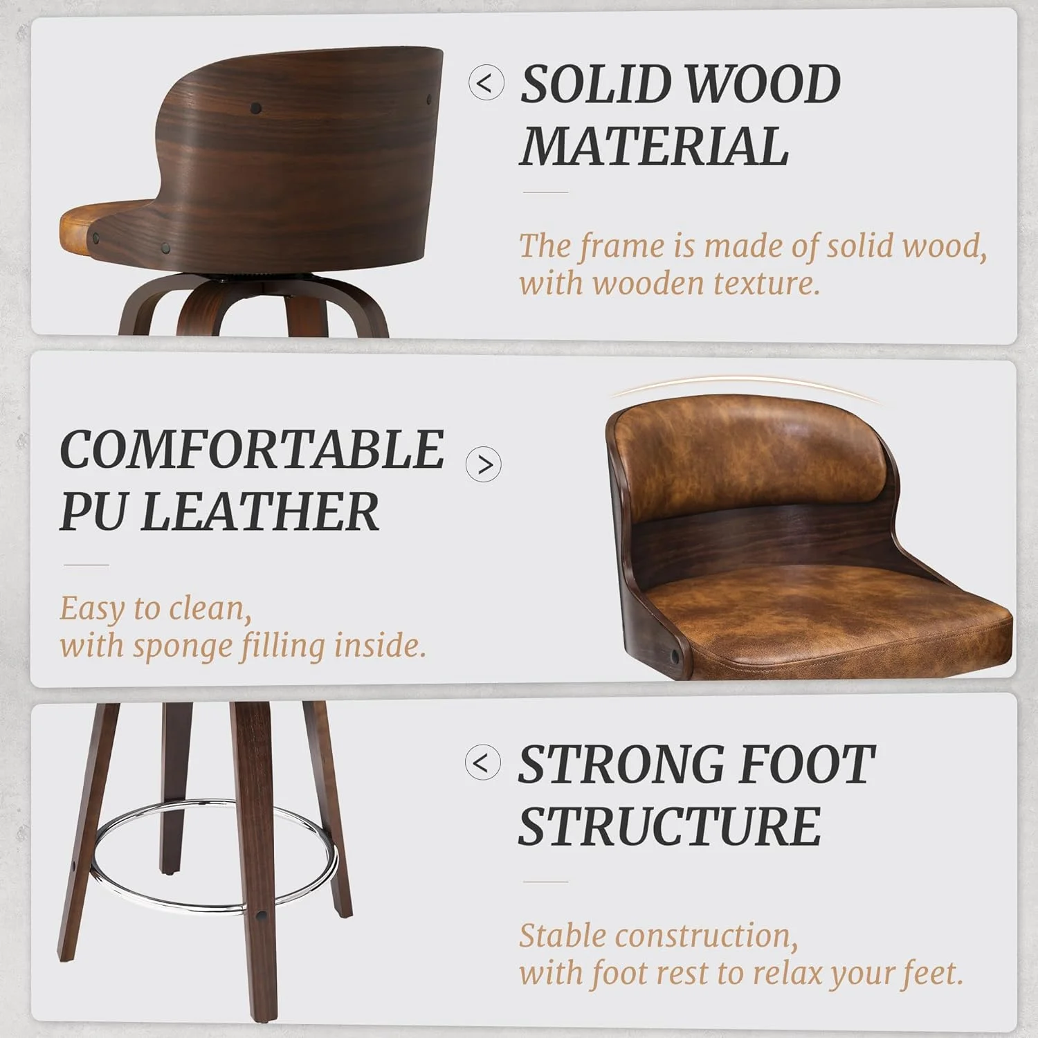 U-ToBe Bar Stools Swivel, Mid Century Modern Bar Stools, 26 Inch Bar Chairs with Hollow Back, Walnut Finish and Faux Leather Seat, Counter Height Barstool Set of 4, Whiskey Brown