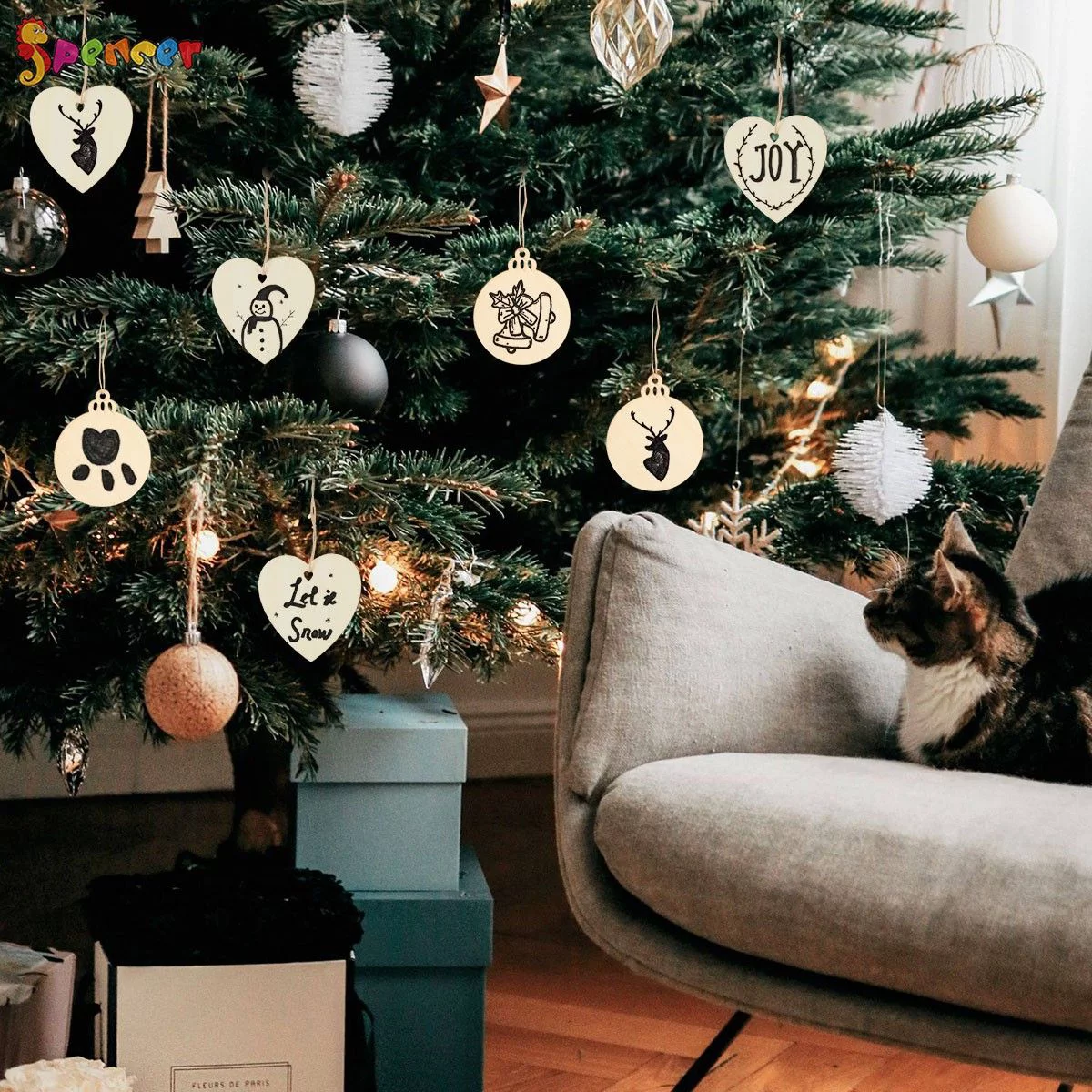 Spencer 50pcs Heart Shape Wooden Slices Christmas Ornament Natural Wood Hanging Decoration Xmas Tree for Wooden DIY, Crafts Centerpieces