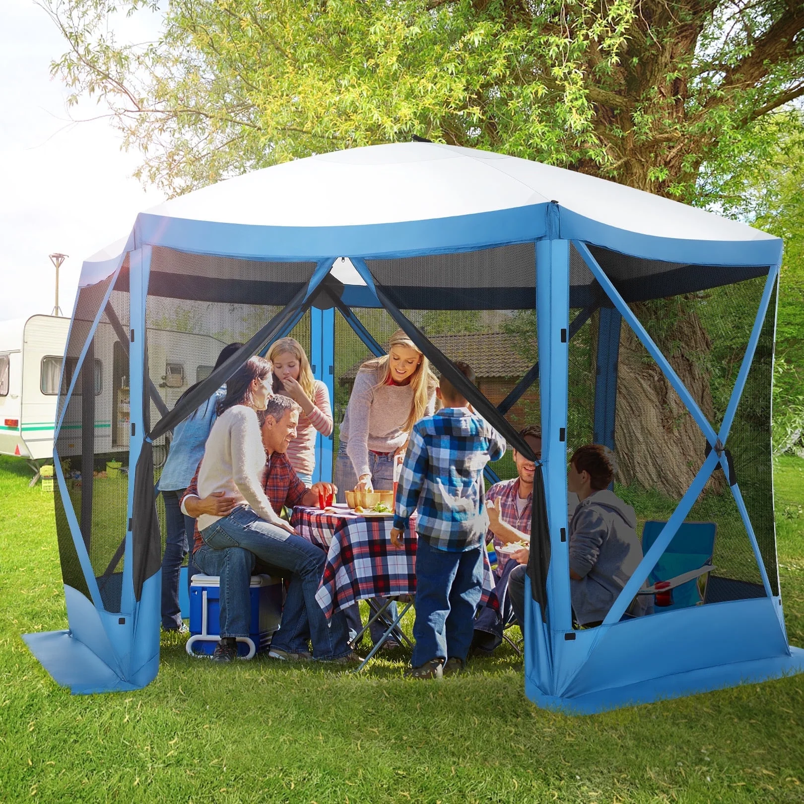 Hoteel 12x12 Pop Up Gazebo Propped-up Canopy Camping Tent with Mosquito Nettings, Waterproof, UV 50+ Resistant, Hub Tent Instant Screened Canopy with Mesh Windows, Carry Bag & Ground Stakes, Blue