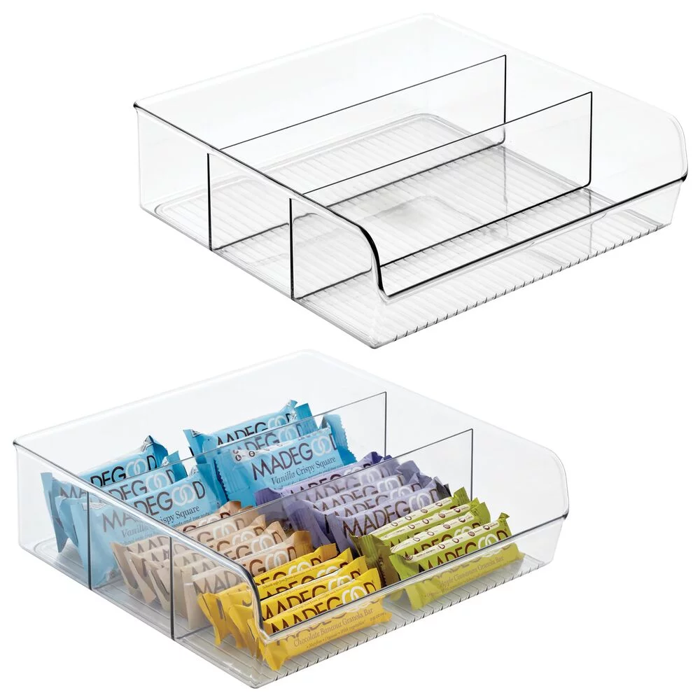mDesign Plastic Divided Storage Bin Organizer for Kitchen Cabinet, 2 Pack, Clear