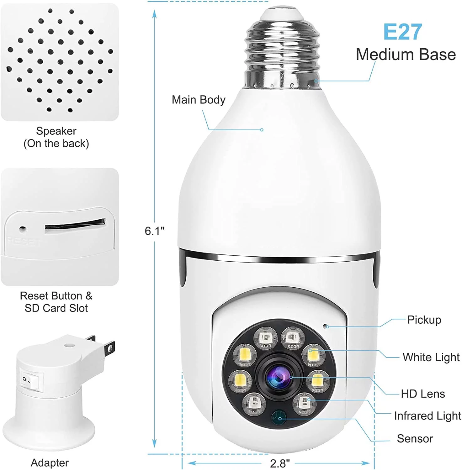 Light Bulb Camera, 3.0MP Wireless 2.4 GHz WiFi Security Camera, Tuya App, 360 PTZ Night Vision, Human Motion Detection & Alarm