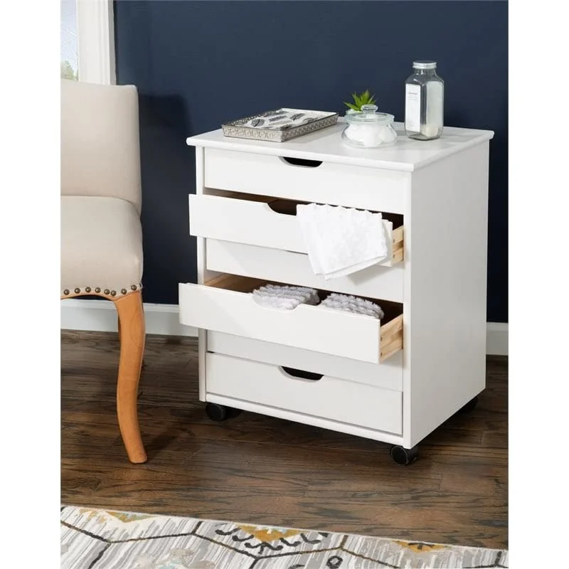 Riverbay Furniture Six Drawer Wide Wood Rolling Cart in White Wash