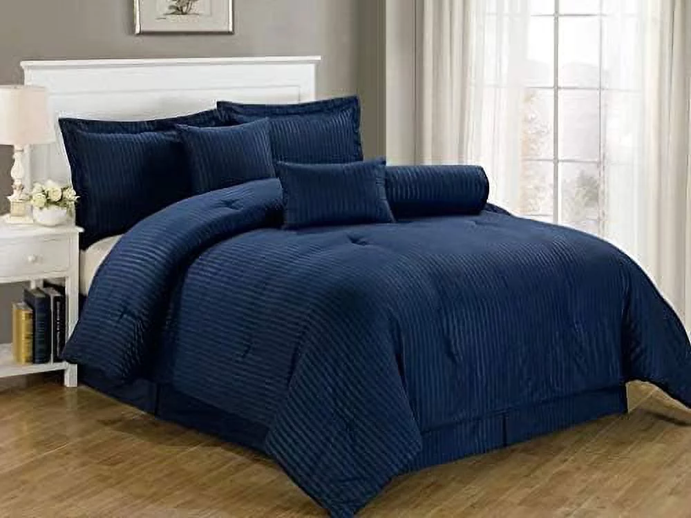 Lex 7-Piece Dobby Stripe Comforter Set - King, Navy Blue