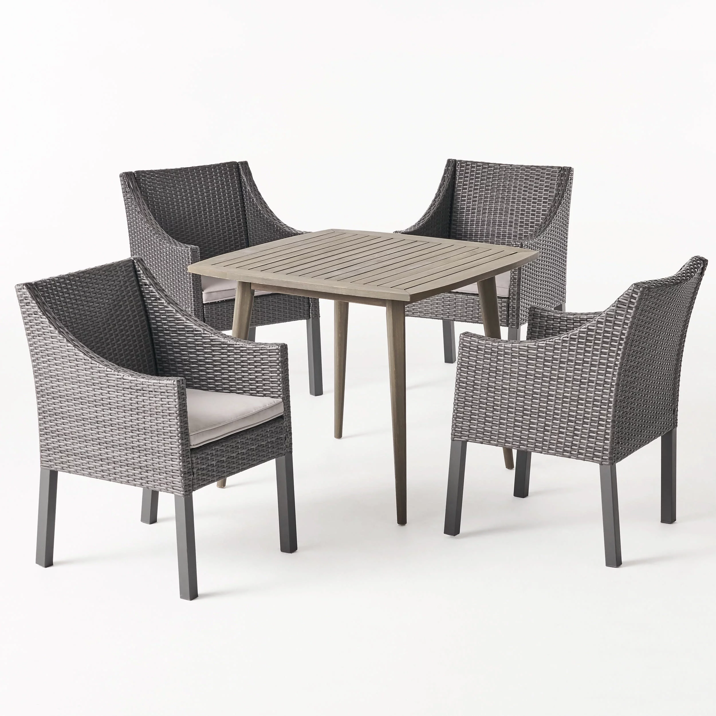 GDF Studio Jeco Outdoor Acacia Wood and Wicker 5 Piece Dining Set with Cushion, Gray and Light Gray