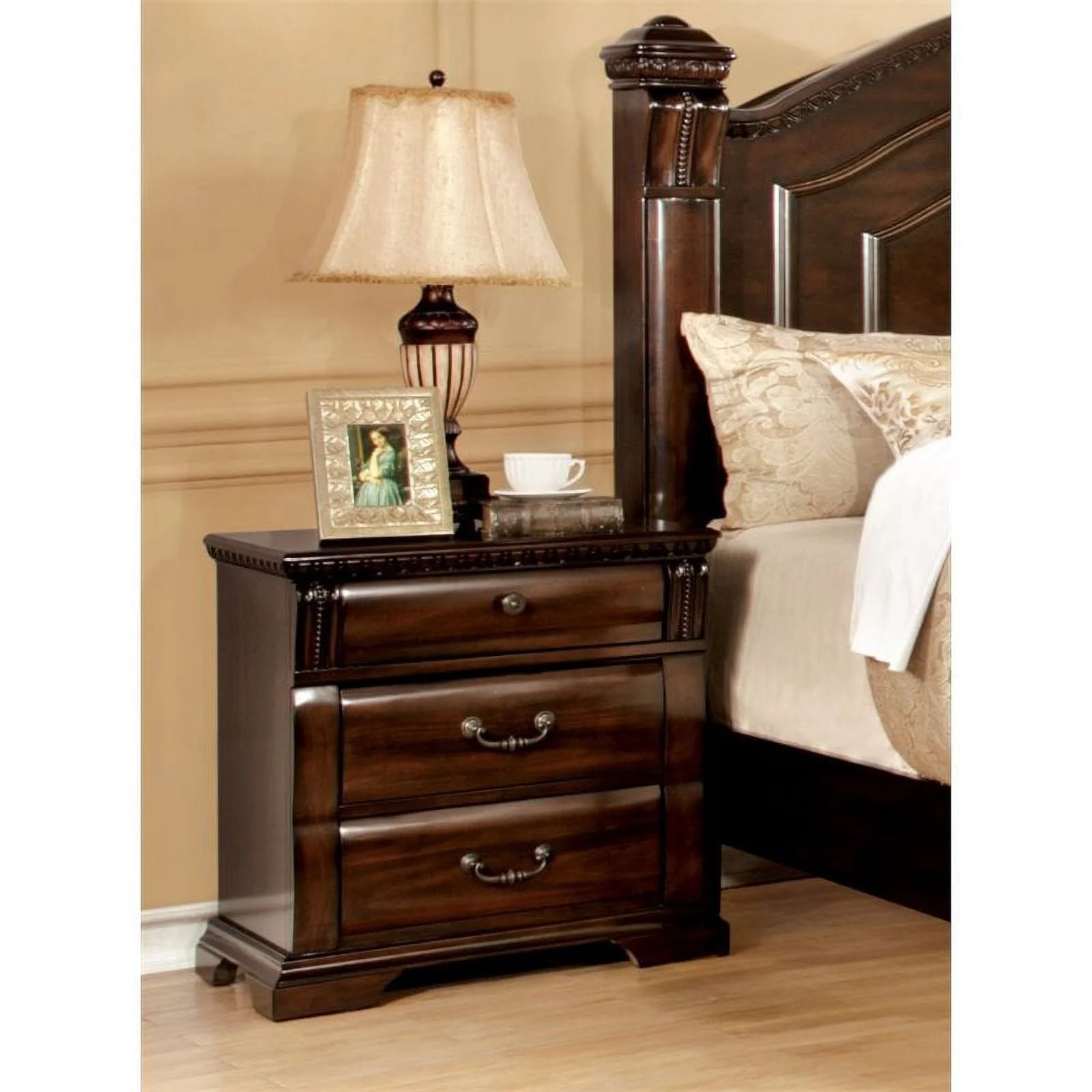 Oulette Transitional Wood 3 Drawer Nightstand in Cherry Set of 2