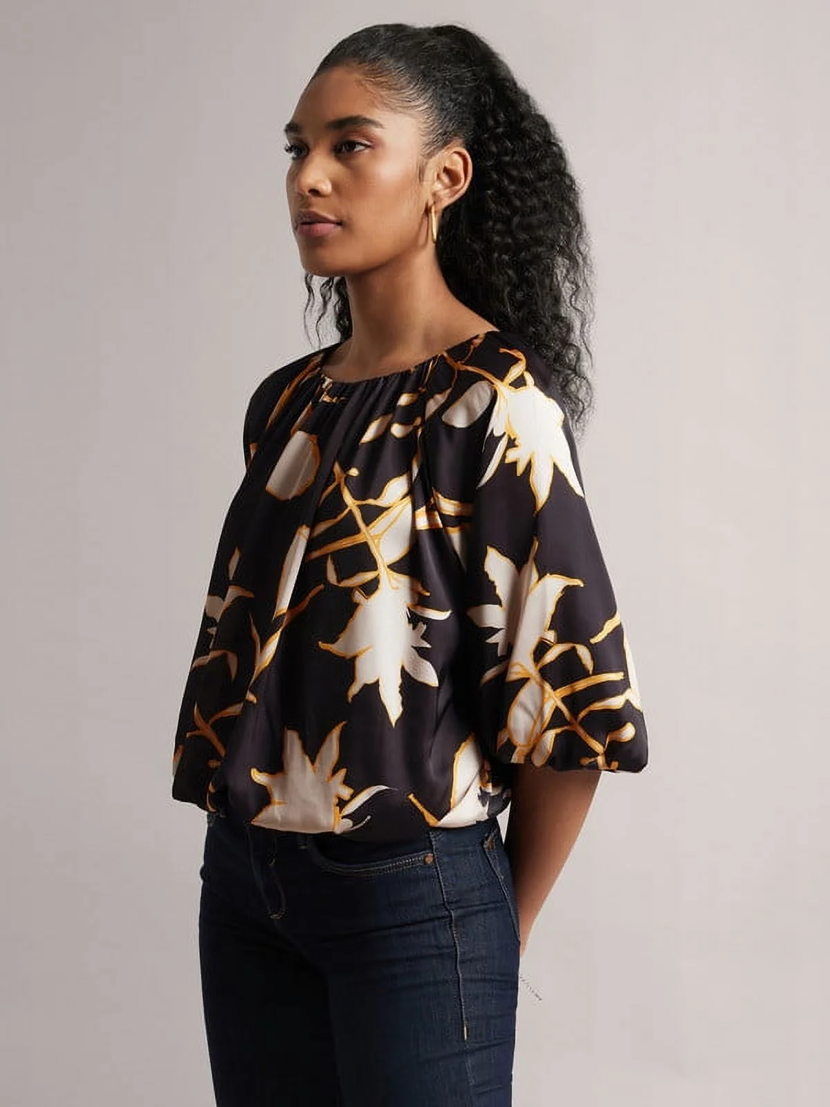 Zaccai Women's Black Satin Abstract Balloon Style Top