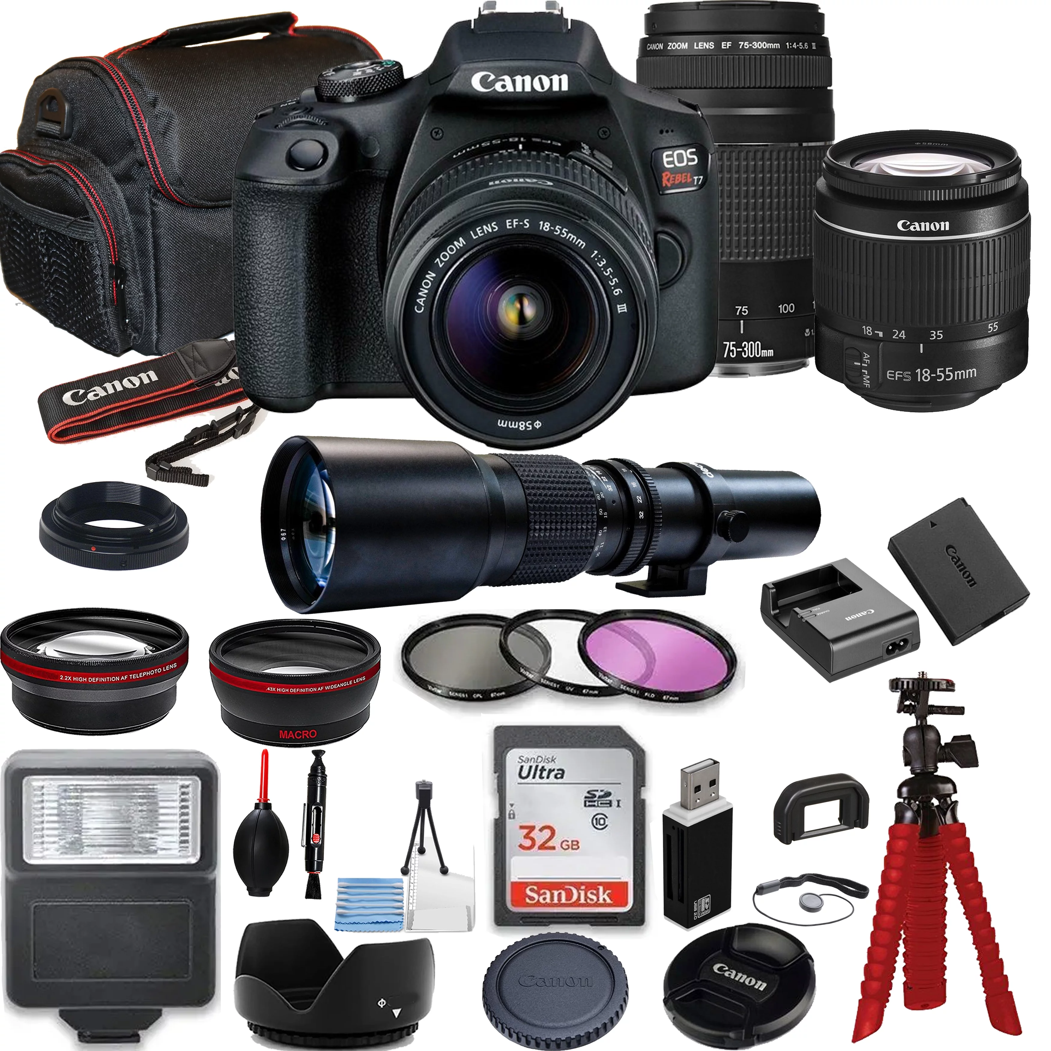 Canon EOS Rebel T7 DSLR Camera Bundle with Canon EF-S 18-55mm f/3.5-5.6 Lens + Canon EF 75-300mm f/4-5.6 III Lens and 500mm Preset Lens + SanDisk 32GB Memory Cards + Photography Kit
