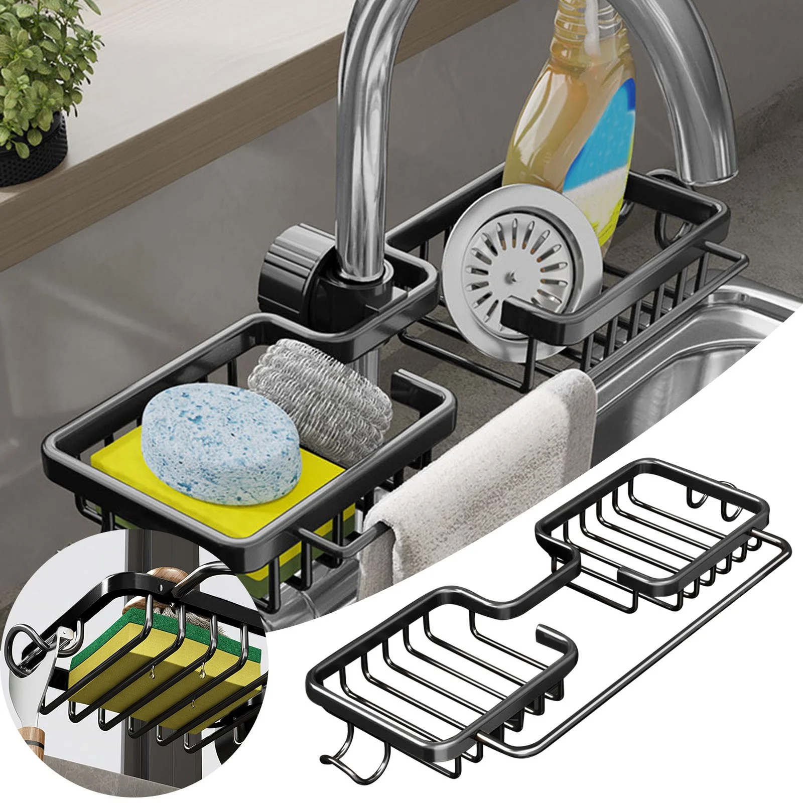 pdqouc Multi Functional Household Sink Storage Shelf God Instrument Without Perforating Space Aluminum Water-proof Shelf Kitchen Faucet Shelf for Home