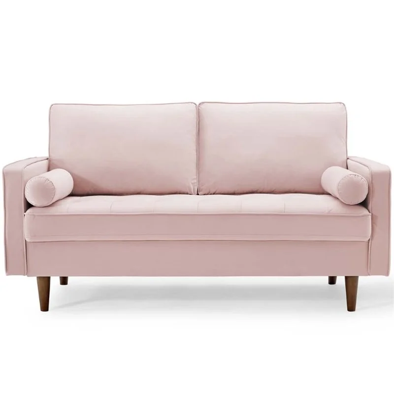 Pemberly Row Modern Performance Velvet Loveseat in Pink/Walnut