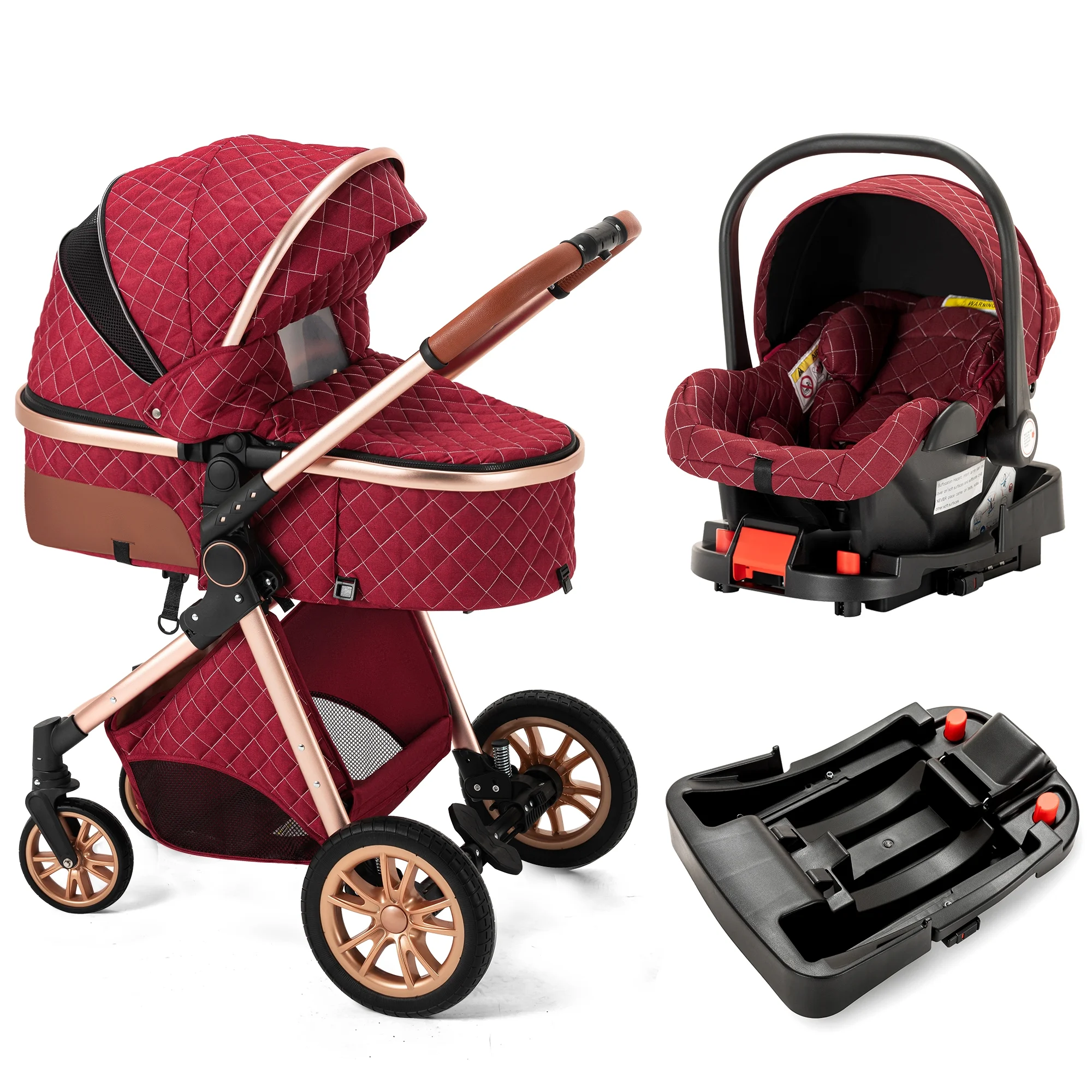 High Landscape Stroller Two-Way Push Newborn Convertible Stroller Bassinet for Infant(Red)