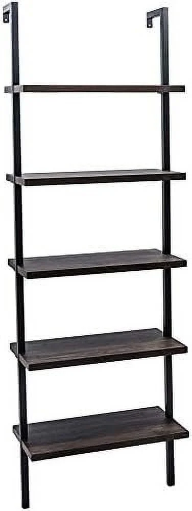 SQWCFD 5-Tier Open Wall-Mounted Bookshelf with Metal Frame - Industrial Modern Ladder  - Floating Bookcase Organizer - Hanging  Rack Shelves for Home and Office -