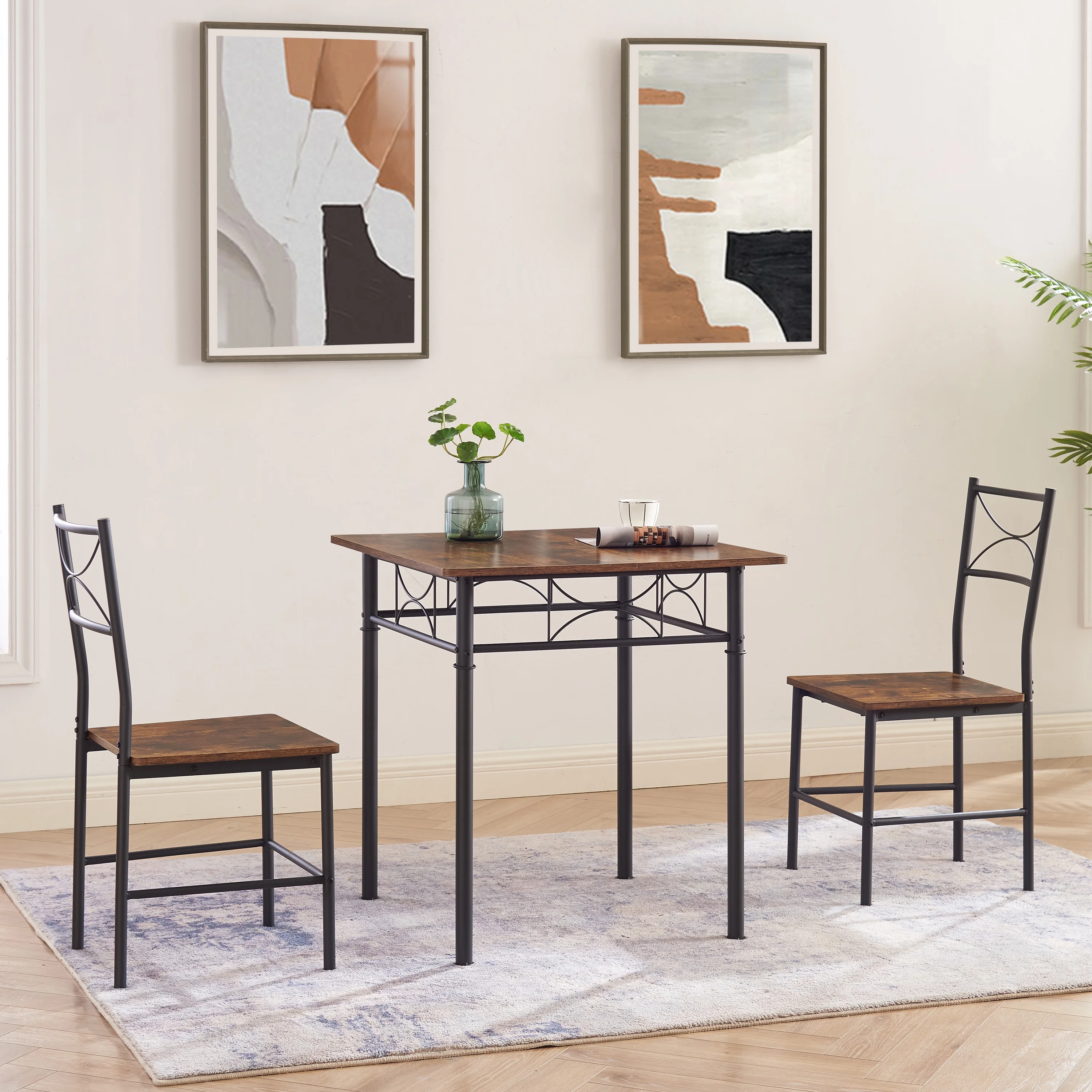 CQSXDA 3-Piece Kitchen Dining Room Table Set Retro Brown chair