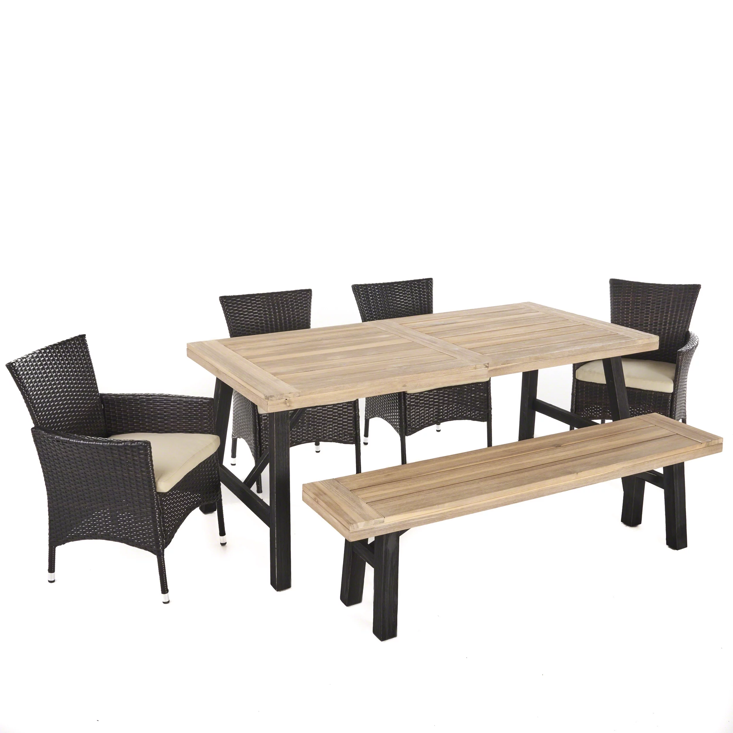 GDF Studio Bruna Outdoor Wicker and Acacia Wood 6 Piece Dining Set with Bench, Brushed Gray, Multibrown, and Beige