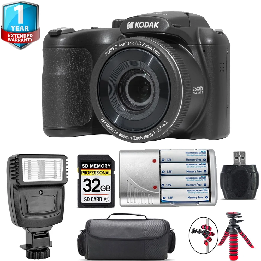 Kodak PIXPRO AZ255 Digital Camera (Black) + Extra Battery + 1 Yr Warranty + 32GB