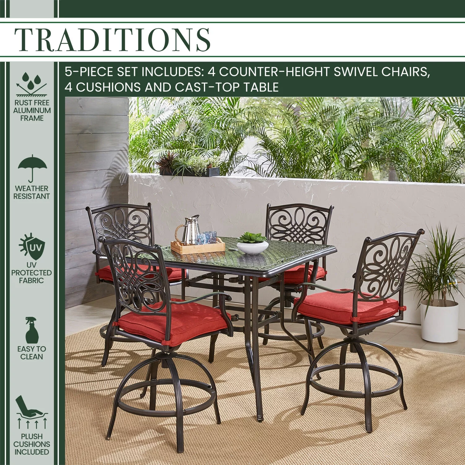 Hanover Traditions 5-Piece High-Dining Set in Red with a 42 In. Square Cast-Top Table